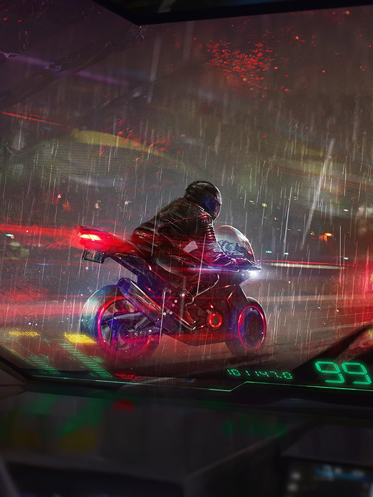 Handy-Wallpaper Regen, Cyberpunk, Motorrad, Science Fiction, Futuristisch, Fahrzeug kostenlos herunterladen.