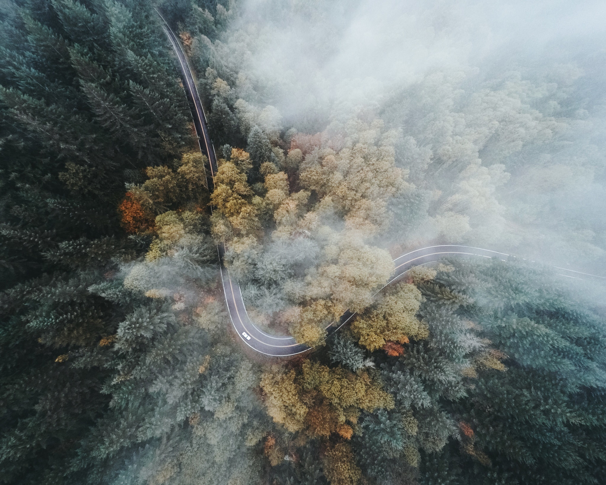 Download mobile wallpaper Nature, Road, Forest, Fog, Aerial, Man Made for free.