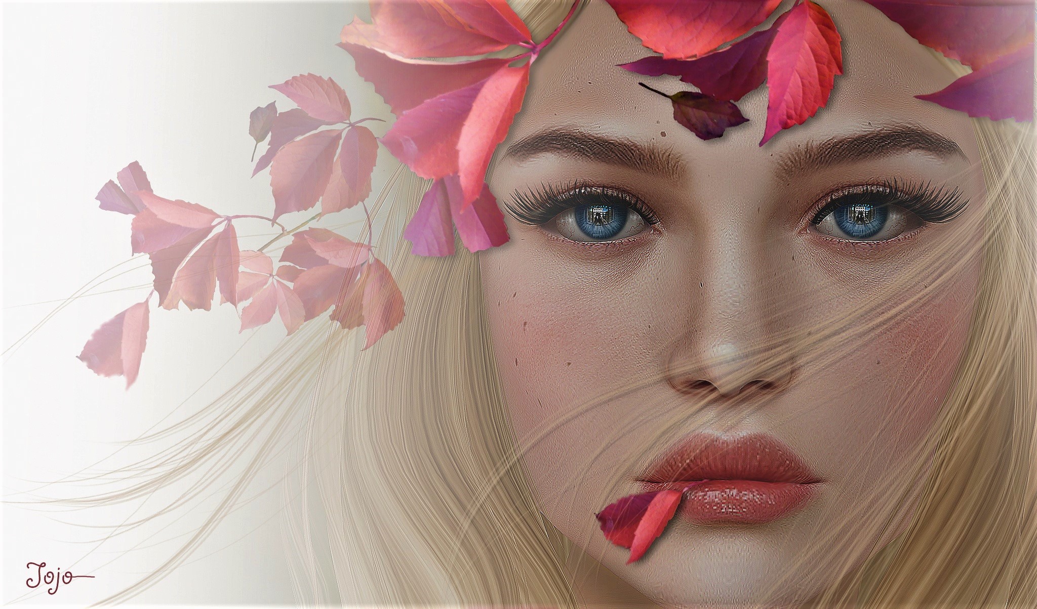 Download mobile wallpaper Fantasy, Leaf, Fall, Blonde, Face, Women, Blue Eyes for free.
