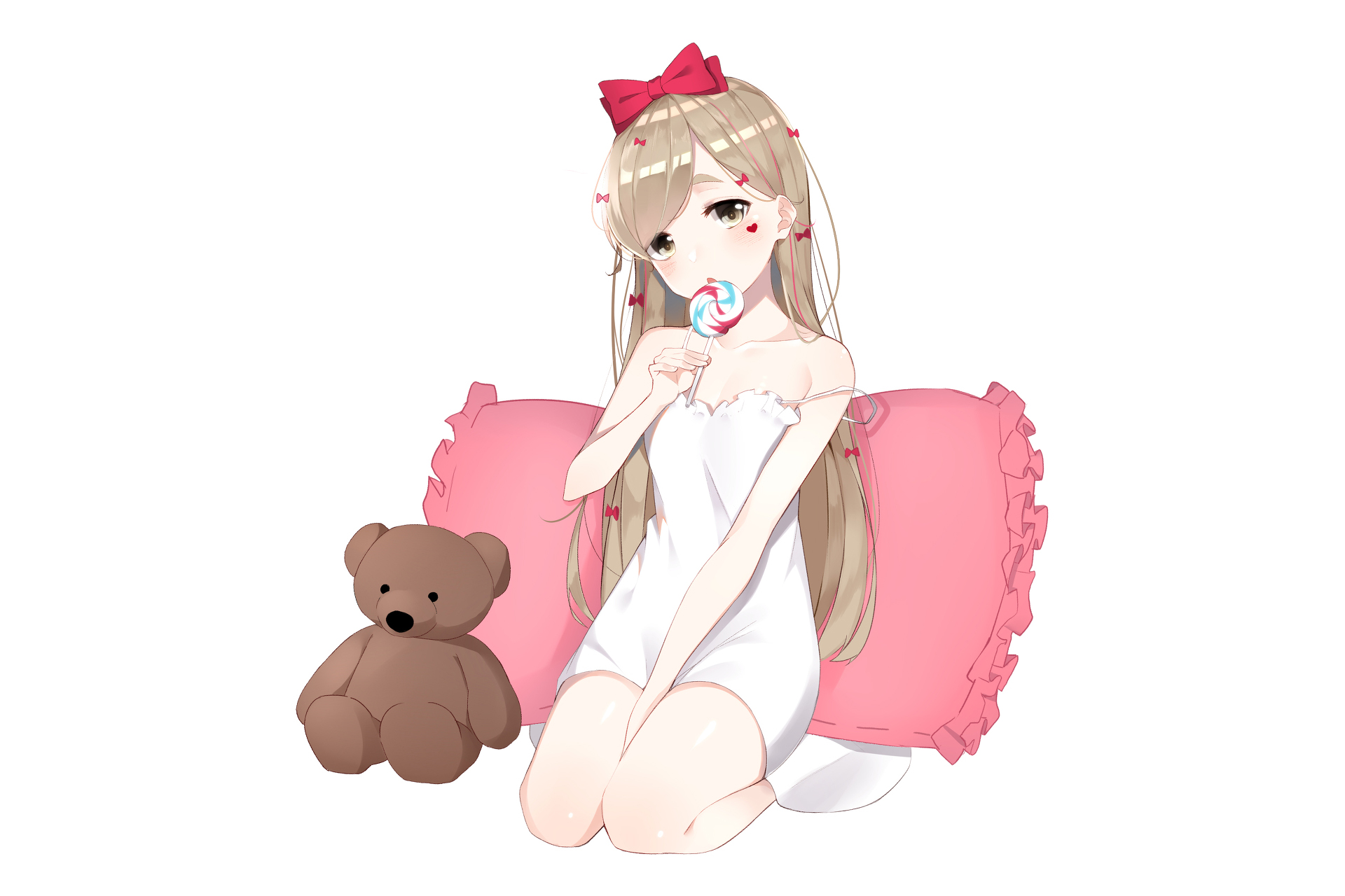 Free download wallpaper Anime, Pillow, Blonde, Dress, Candy, Original, Stuffed Animal, Bow (Clothing) on your PC desktop