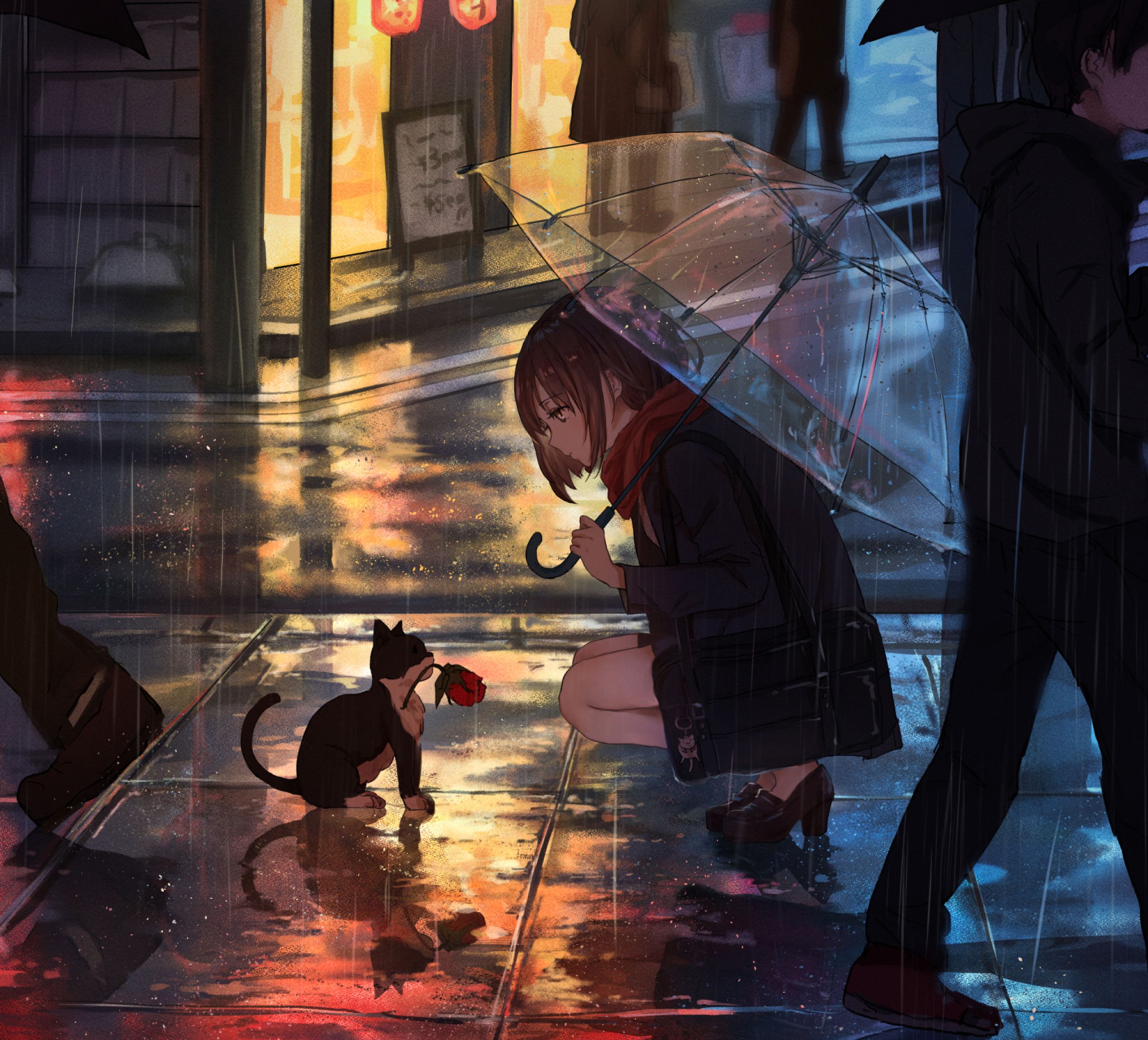 Download mobile wallpaper Anime, Rain, Cat, Kitten, Umbrella, Original for free.