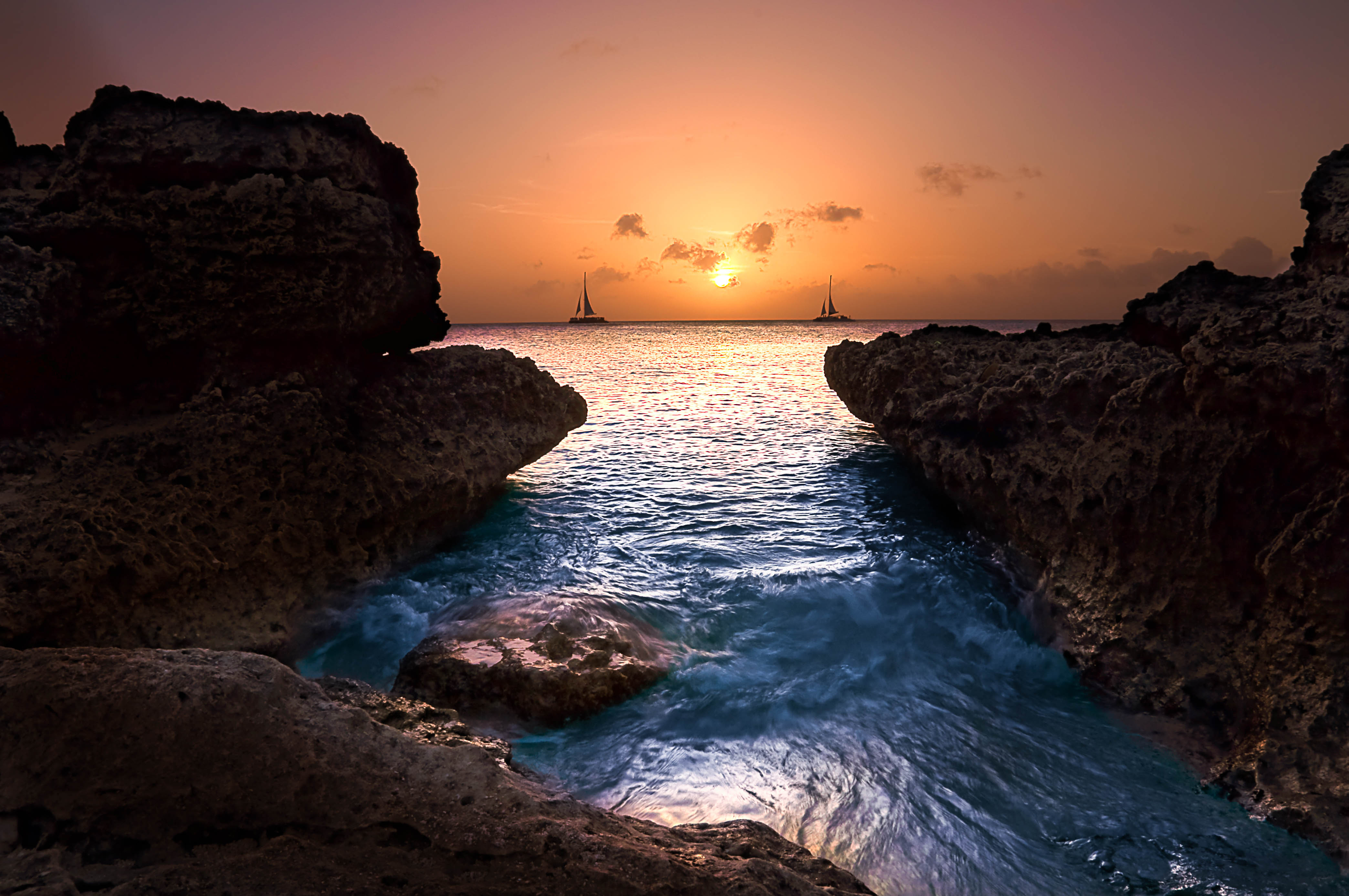 Free download wallpaper Sunset, Sea, Horizon, Coast, Ocean, Sailboat, Photography on your PC desktop