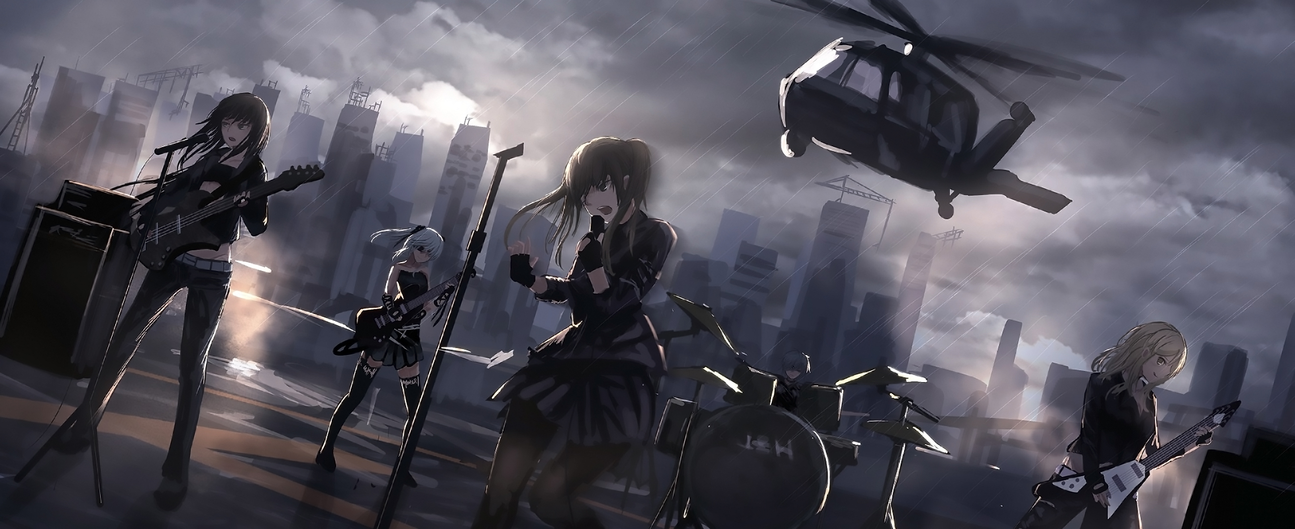 Free download wallpaper Anime, Building, Guitar, Band, Dress, Helicopter, Original, Long Hair, White Hair on your PC desktop