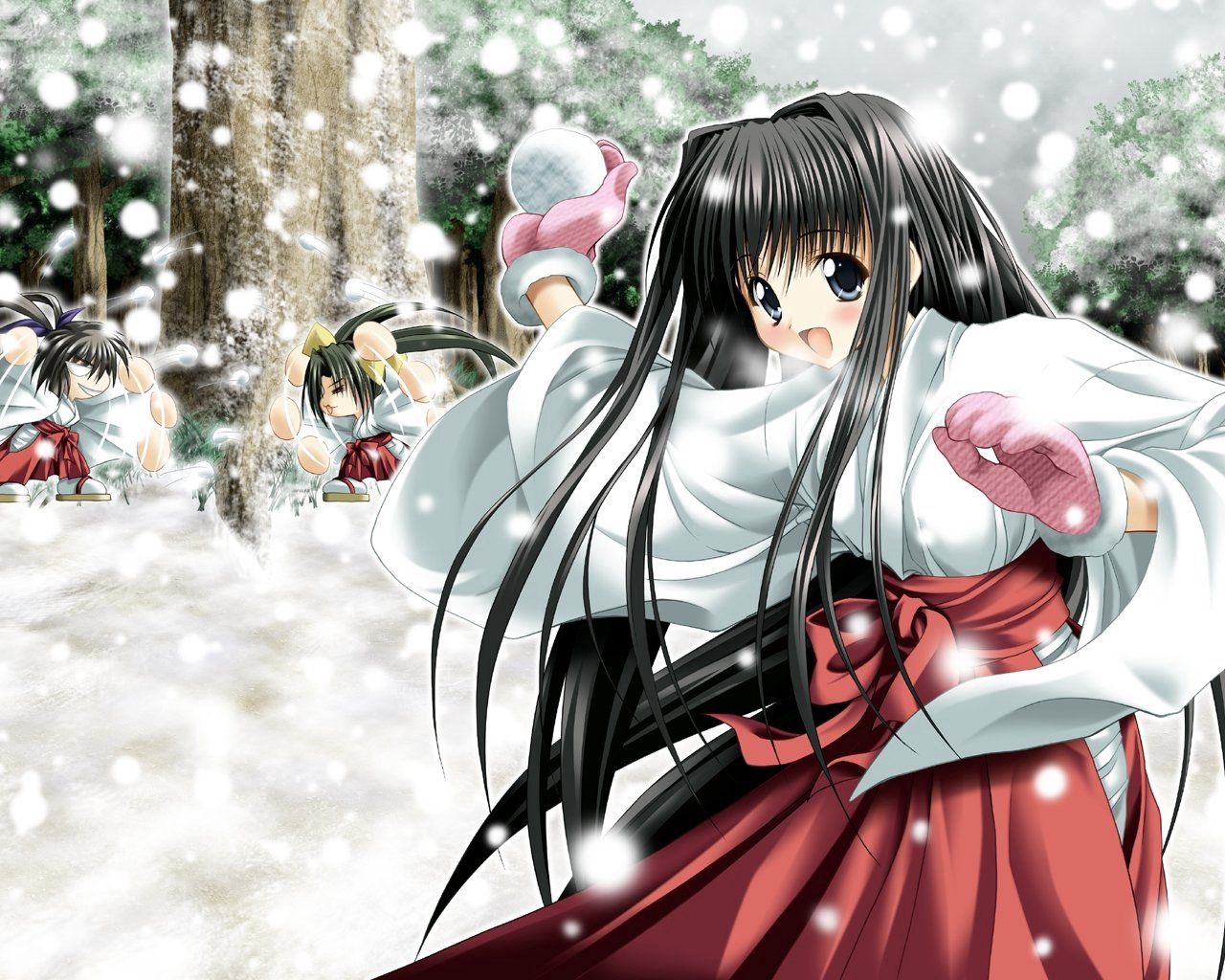 kimono, girl, anime, game, brunette, snowballs, snowball fight