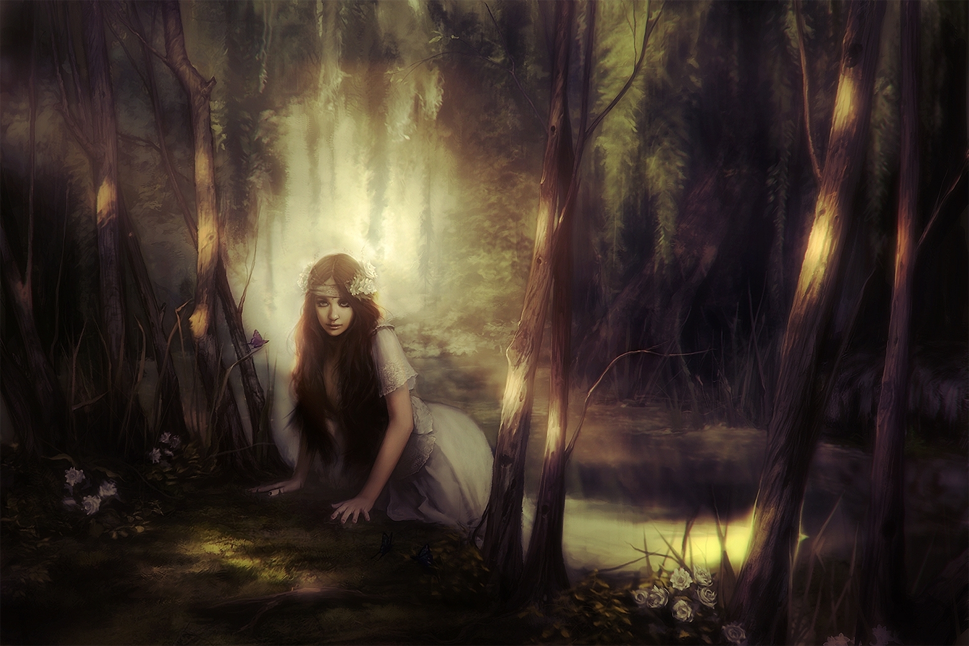 Free download wallpaper Fantasy, Flower, Forest, Tree, Women on your PC desktop