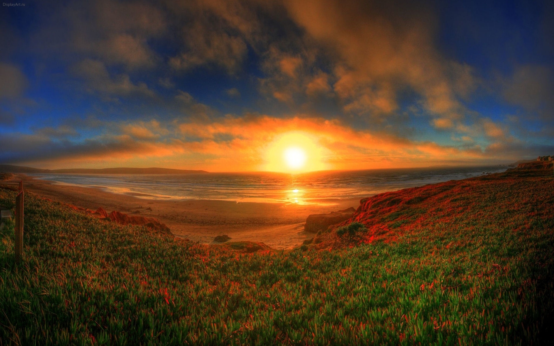 Free download wallpaper Landscape, Sunset, Grass, Sky, Sun, Art on your PC desktop