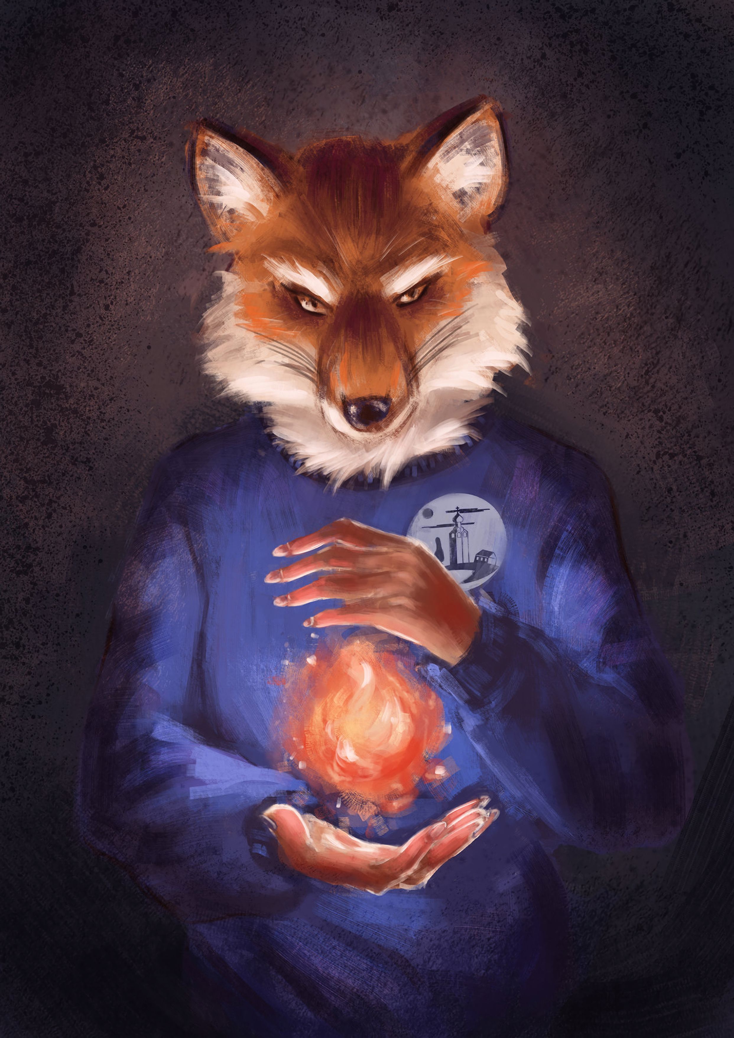 Download mobile wallpaper Fire, Hands, Fox, Art for free.