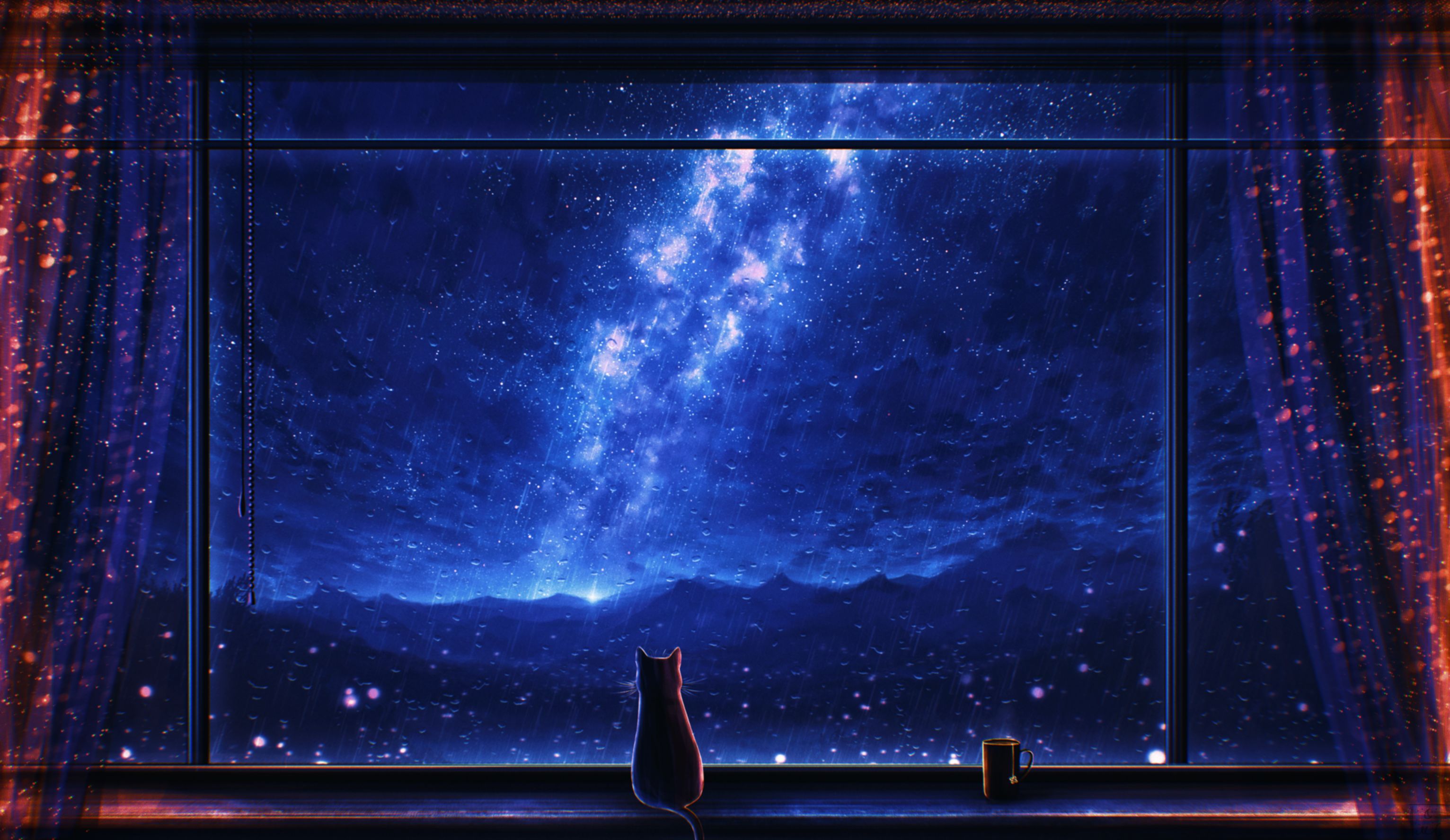 Free download wallpaper Anime, Sky, Rain, Night, Cat on your PC desktop