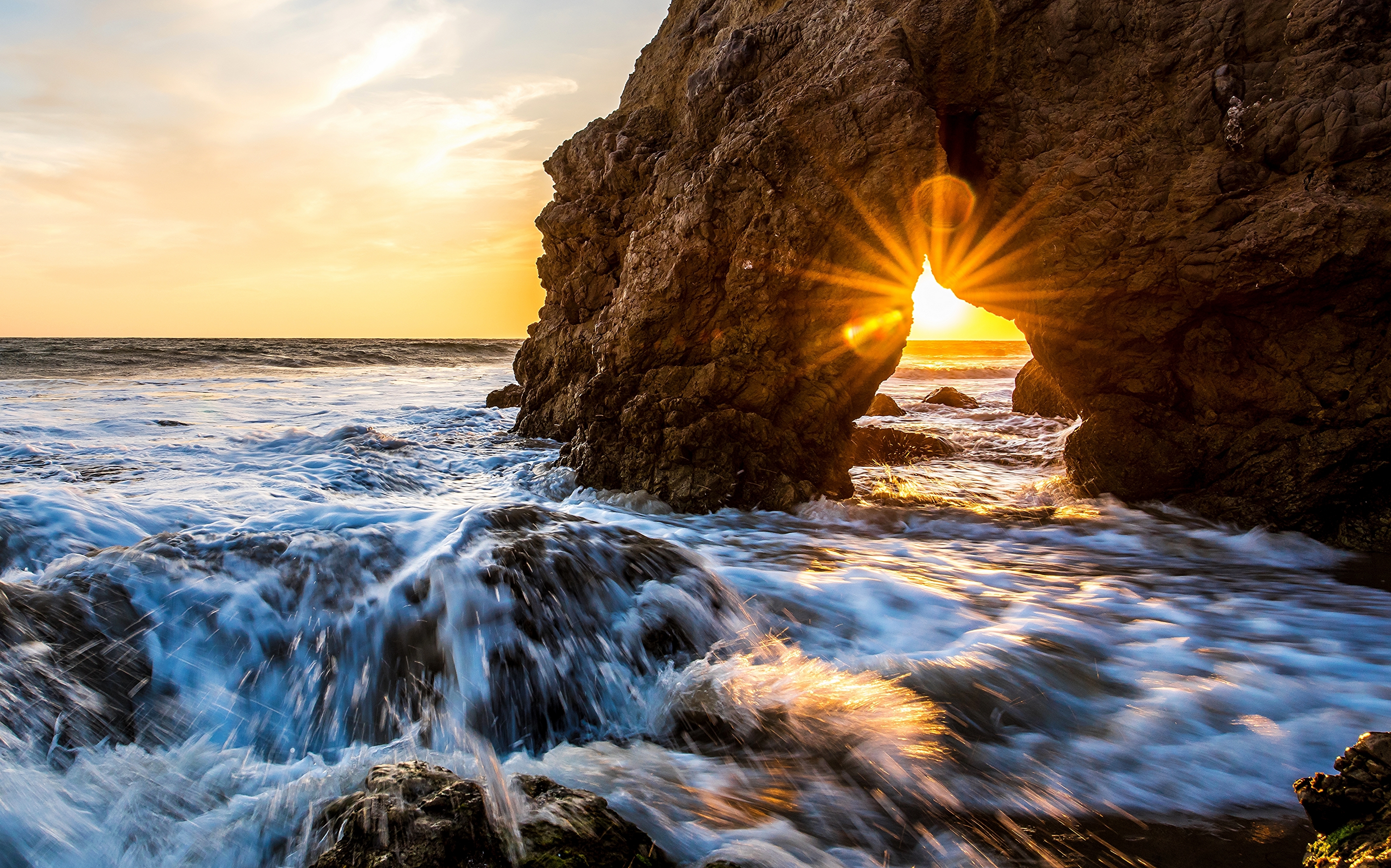 Free download wallpaper Sunset, Usa, Horizon, Ocean, Earth, Arch, California, Wave on your PC desktop