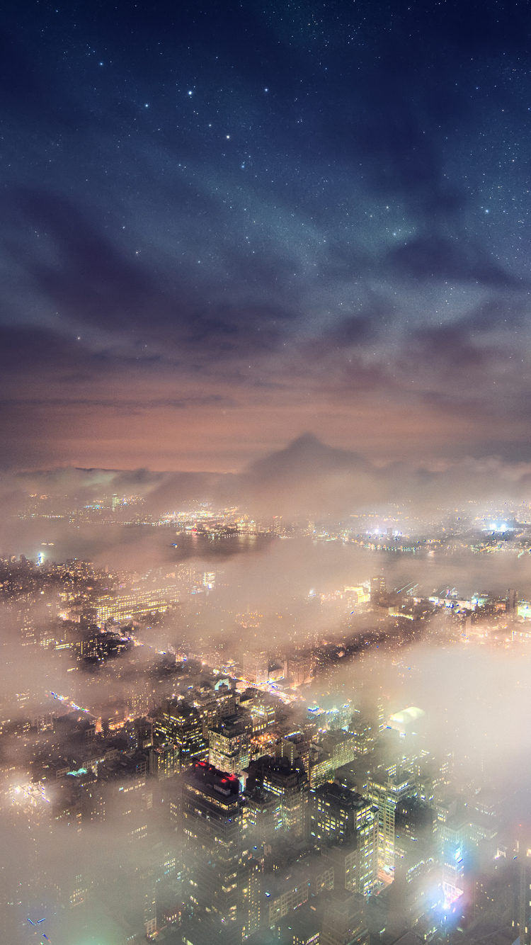 Download mobile wallpaper Cities, Sky, Night, Usa, City, Light, Fog, Cityscape, New York, Aerial, Man Made for free.