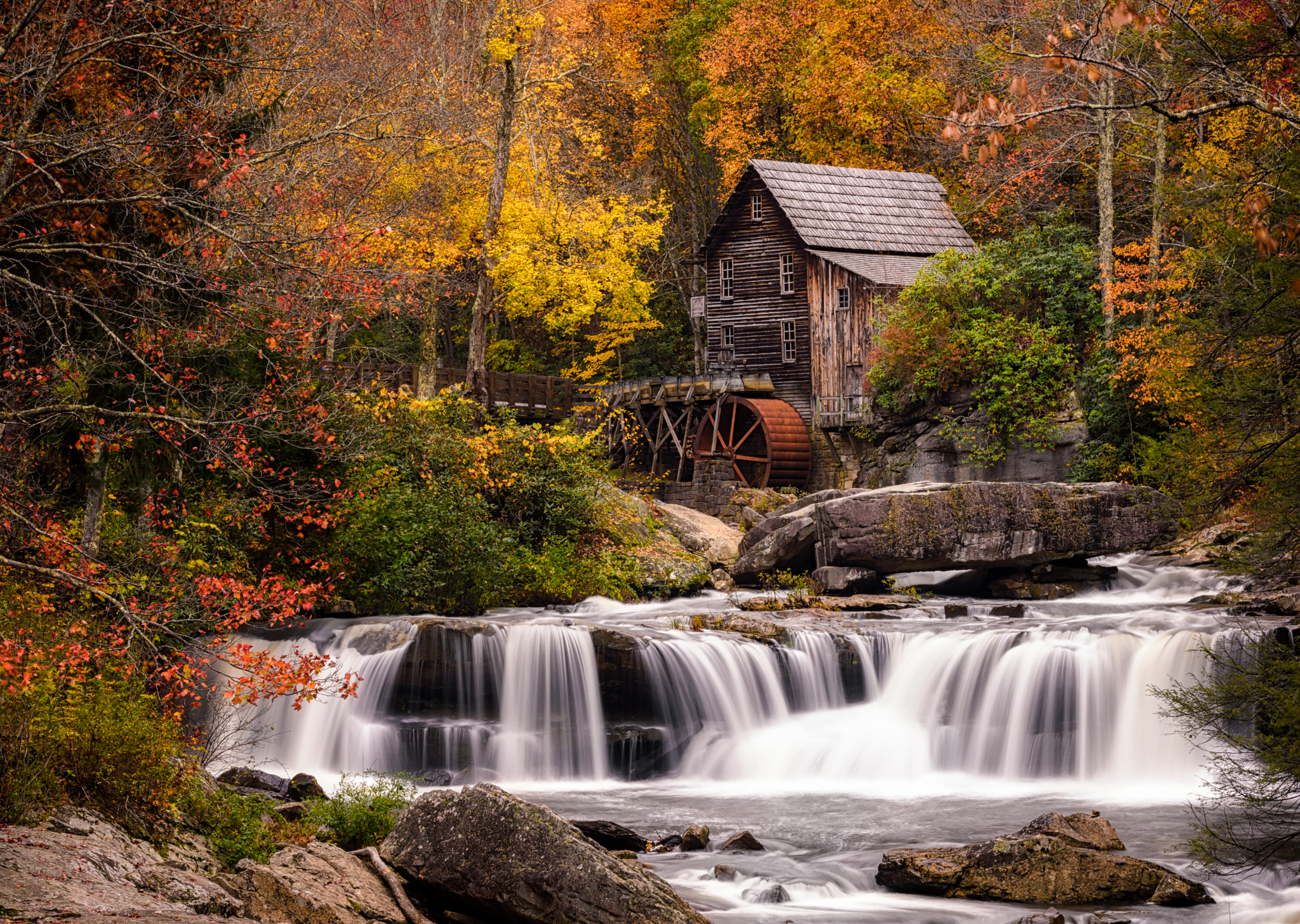 man made, watermill, forest, mill, river, waterfall