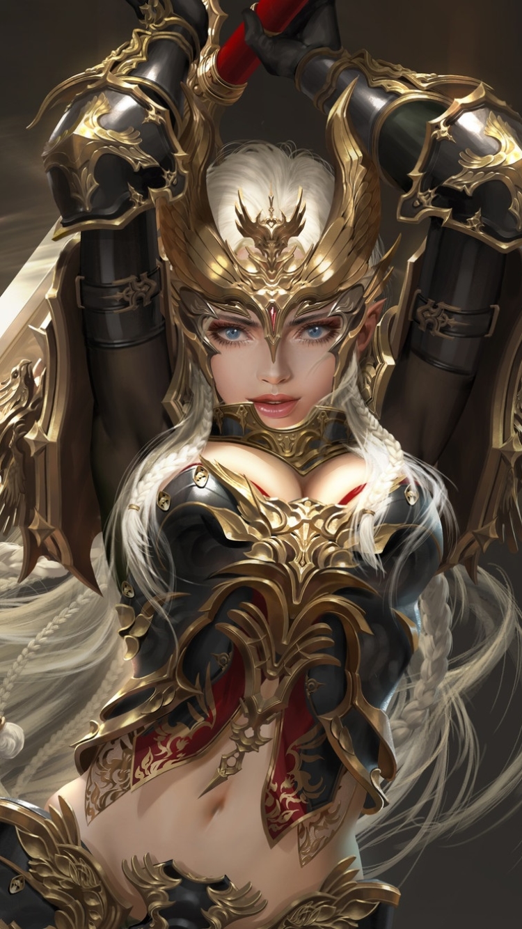 video game, league of angels, woman warrior, sword, white hair, long hair, blue eyes