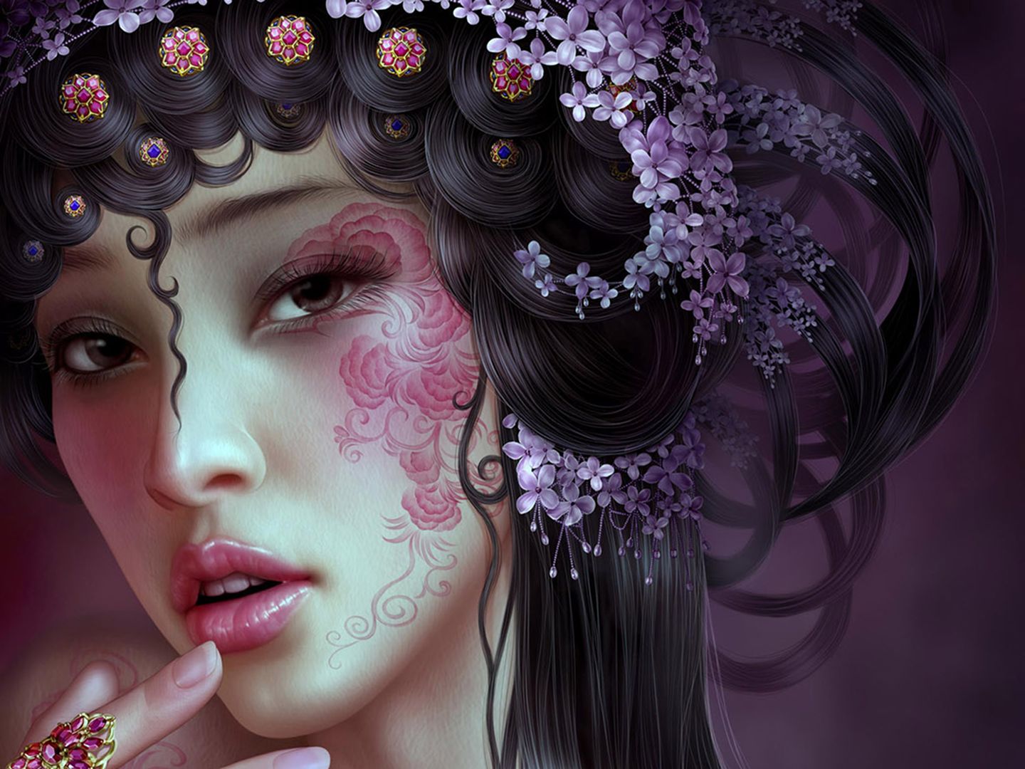 Free download wallpaper Fantasy, Lilac, Jewelry, Close Up, Tattoo, Women, Asian on your PC desktop