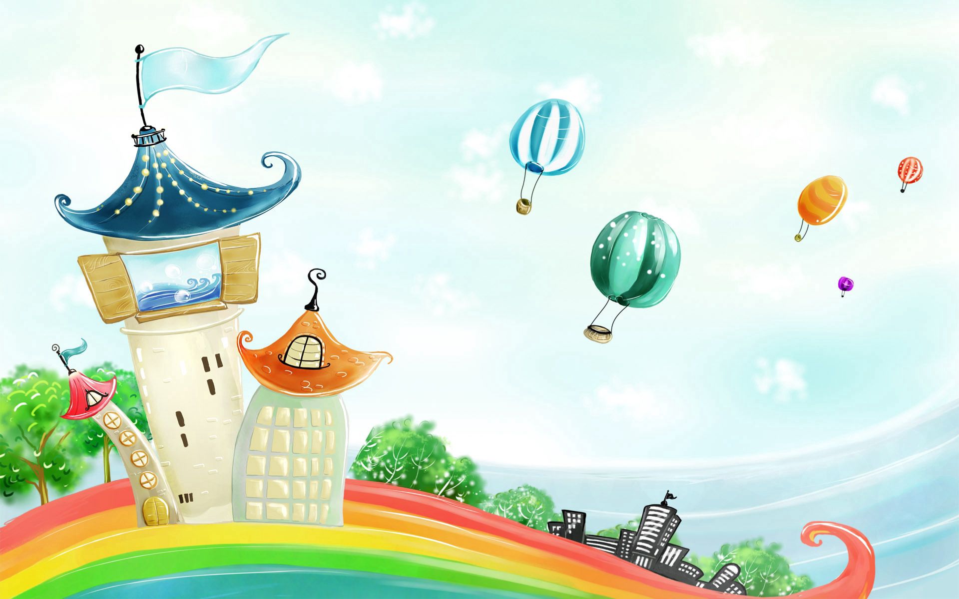 Handy-Wallpaper Gebäude, Verschiedenes, Sonstige, Natur, Luftballons, Regenbogen kostenlos herunterladen.