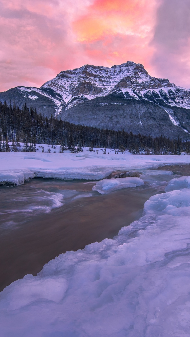 Download mobile wallpaper Winter, Nature, Snow, Mountain, Earth, River for free.