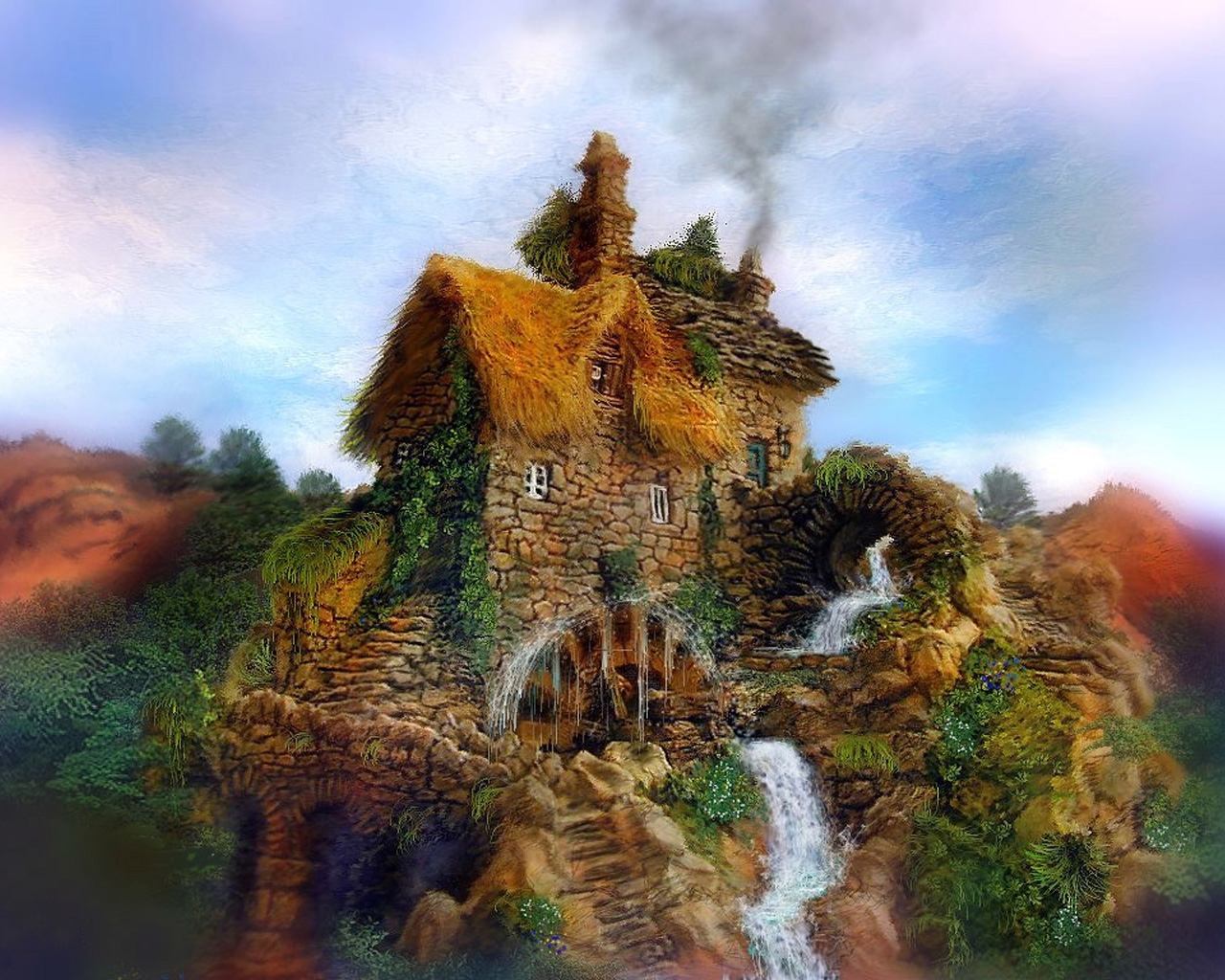 Download mobile wallpaper Houses, Pictures, Waterfalls for free.