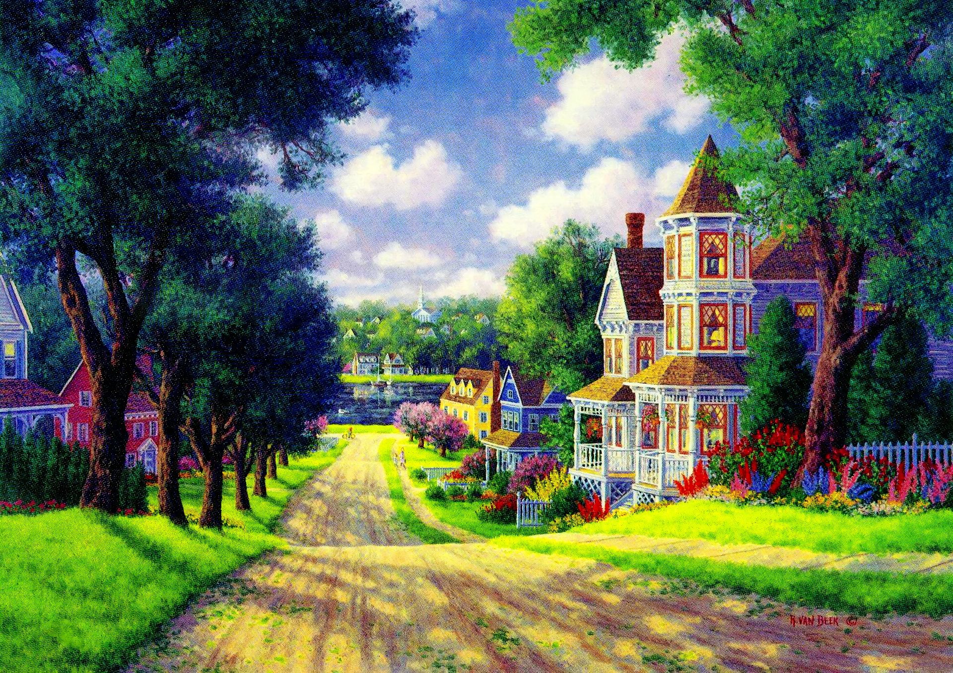 Download mobile wallpaper Road, House, Colorful, Painting, Artistic, Town for free.