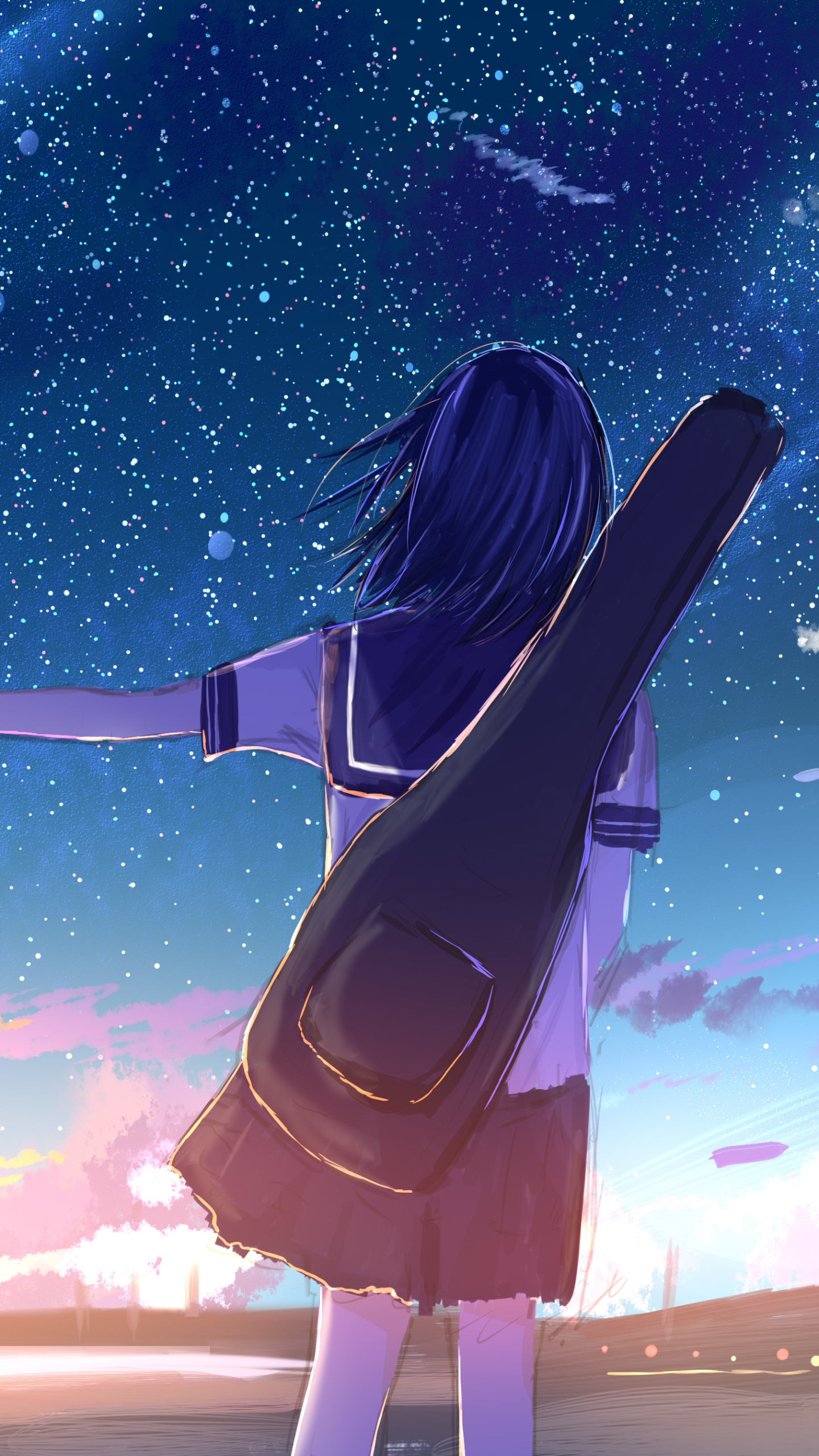 Download mobile wallpaper Anime, Sunset, Stars, Bag, Original, Blue Hair, Short Hair for free.