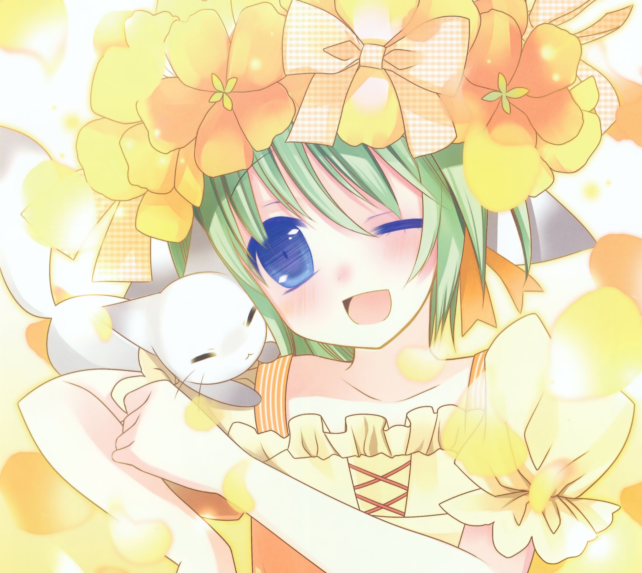 Free download wallpaper Anime, Flower, Cat, Smile, Green Hair, Blue Eyes, Wink, Original, Blush, Bow (Clothing) on your PC desktop