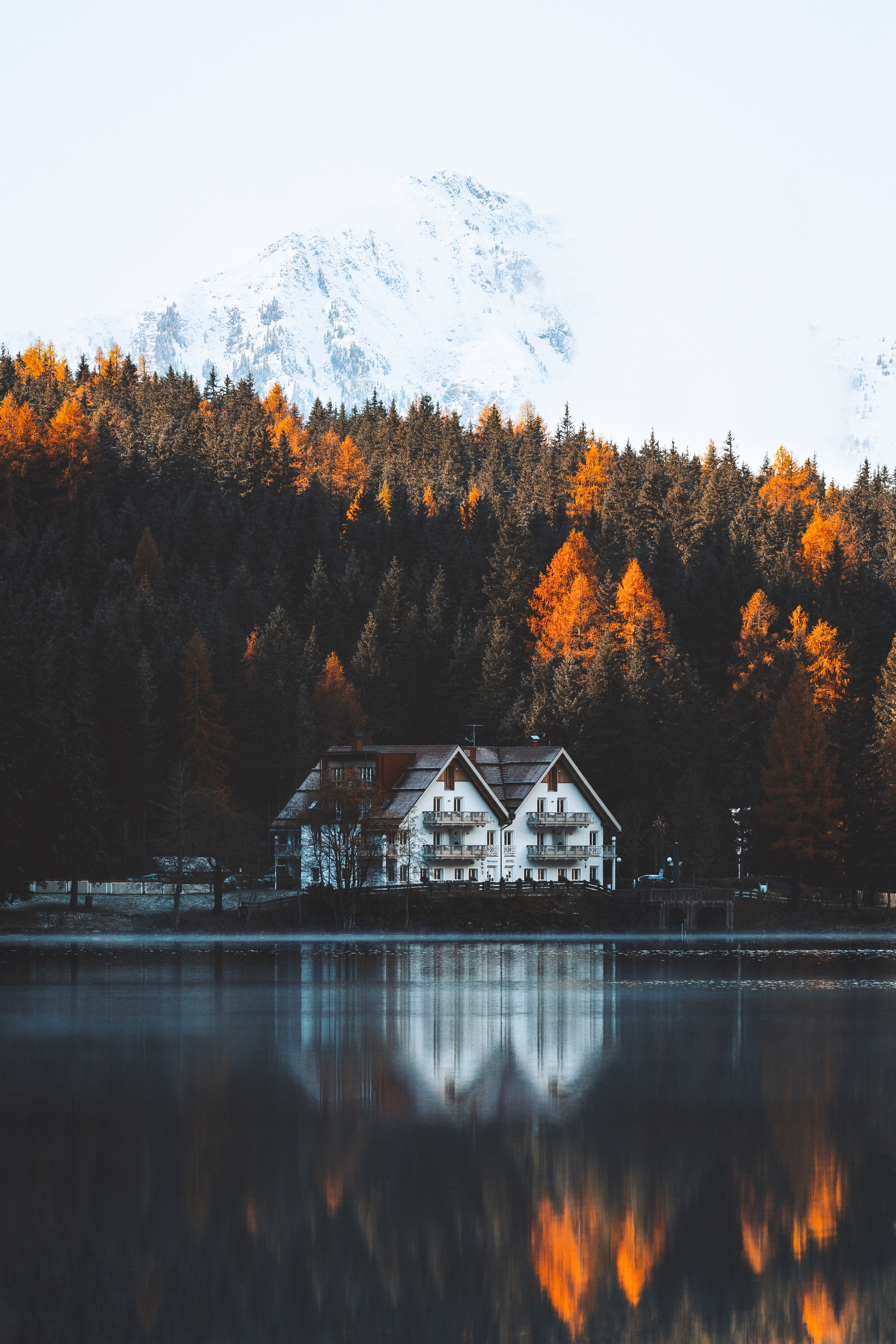 house, trees, nature, mountain, lake Full HD