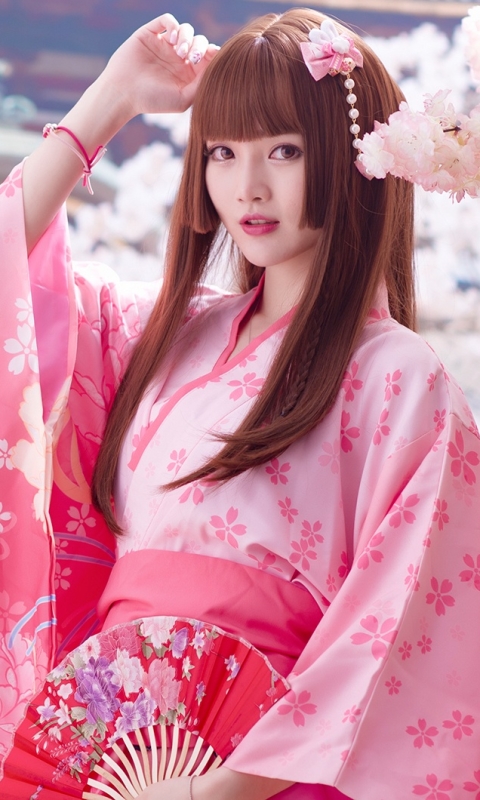 Download mobile wallpaper Flower, Spring, Kimono, Brunette, Model, Women, Asian for free.