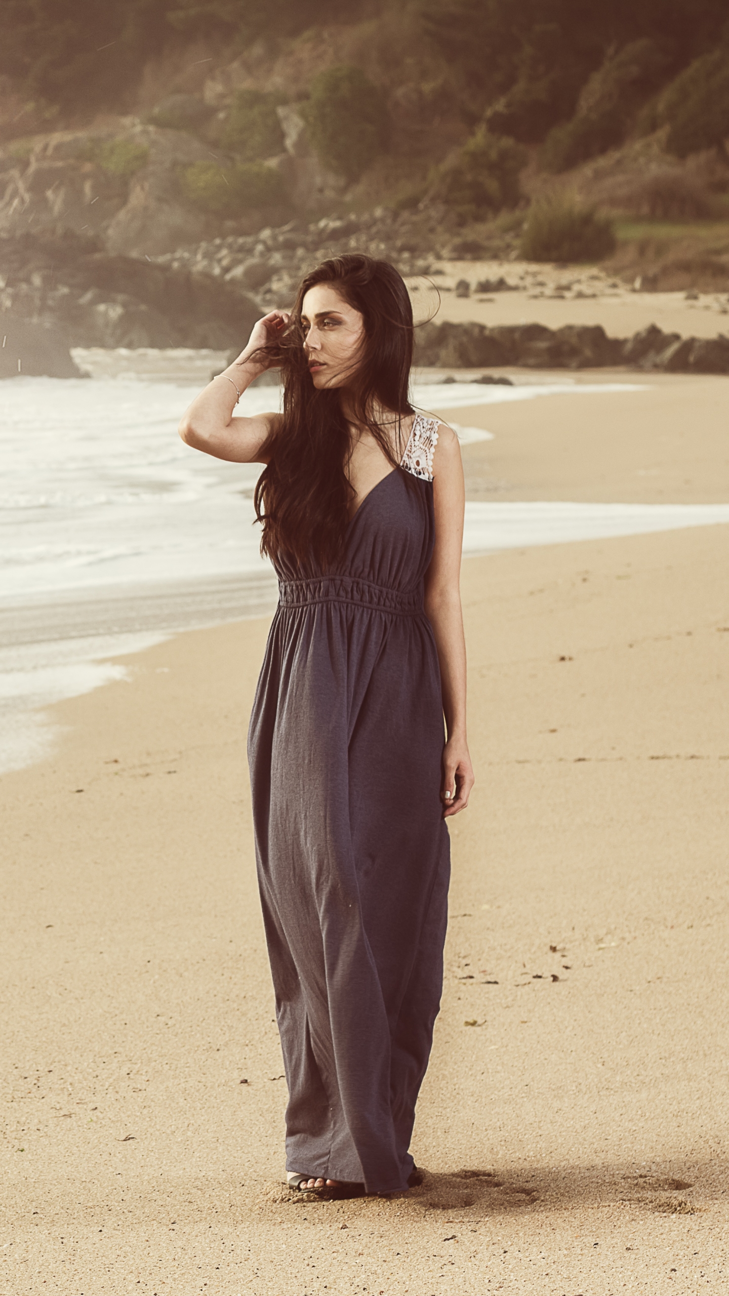 Download mobile wallpaper Beach, Sand, Mood, Dress, Brunette, Model, Women for free.