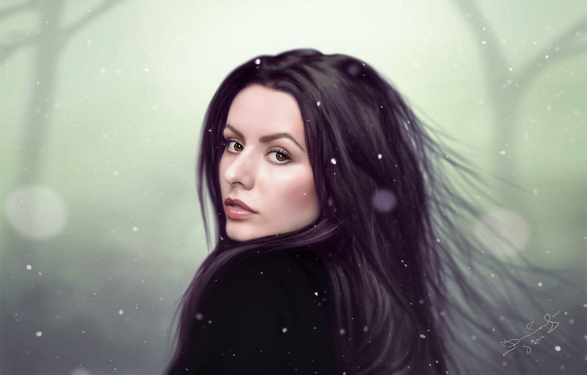 Download mobile wallpaper Winter, Portrait, Painting, Artistic, Brown Eyes, Black Hair for free.