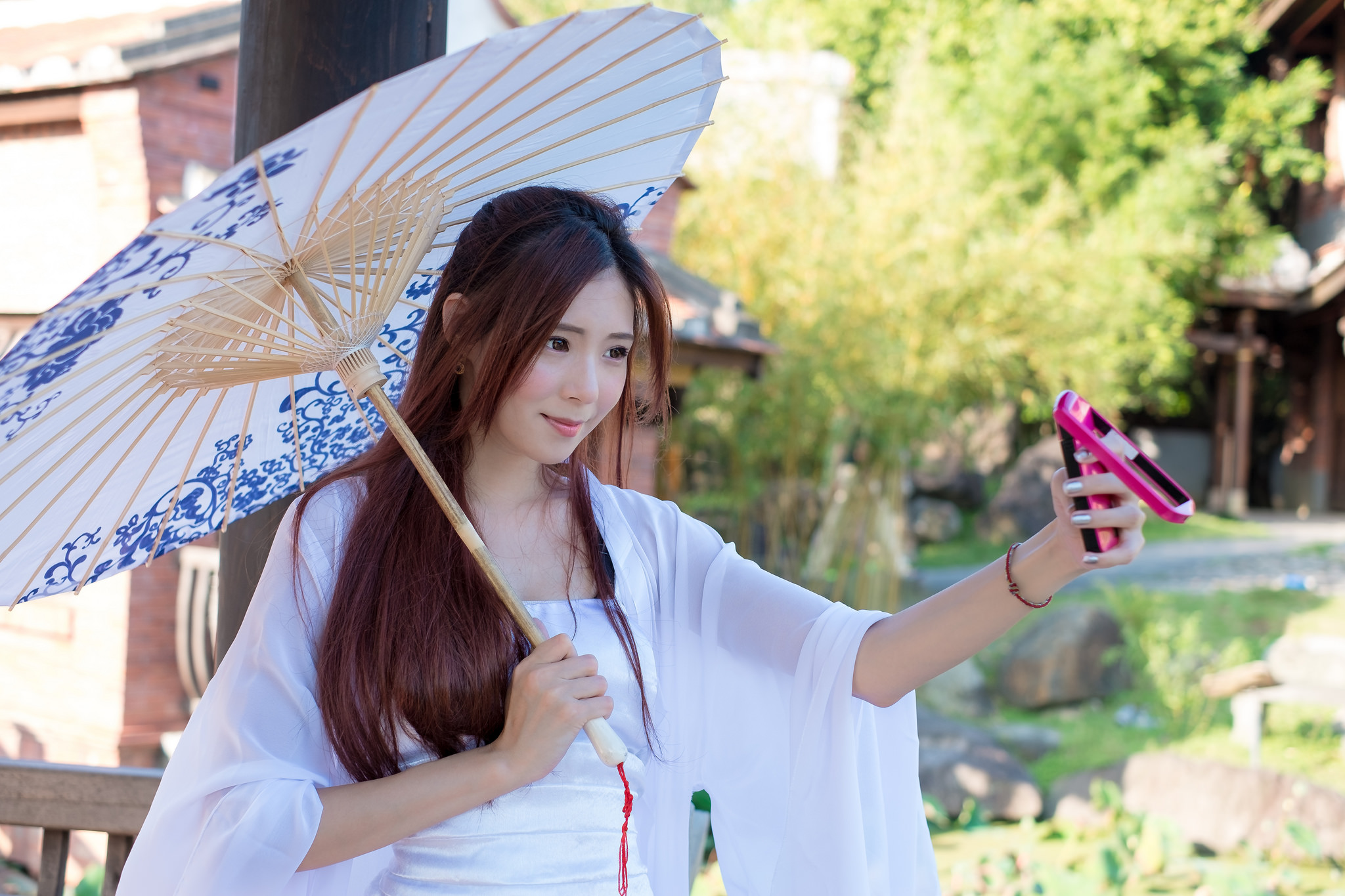 women, asian, phone, selfie, smile, summer, umbrella