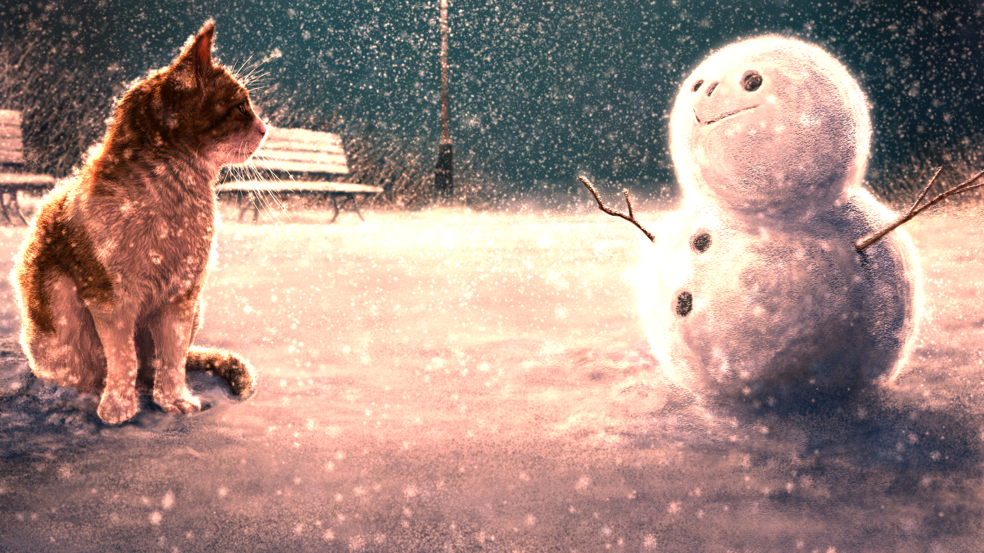 Free download wallpaper Anime, Winter, Snow, Snowman, Cat, Original on your PC desktop