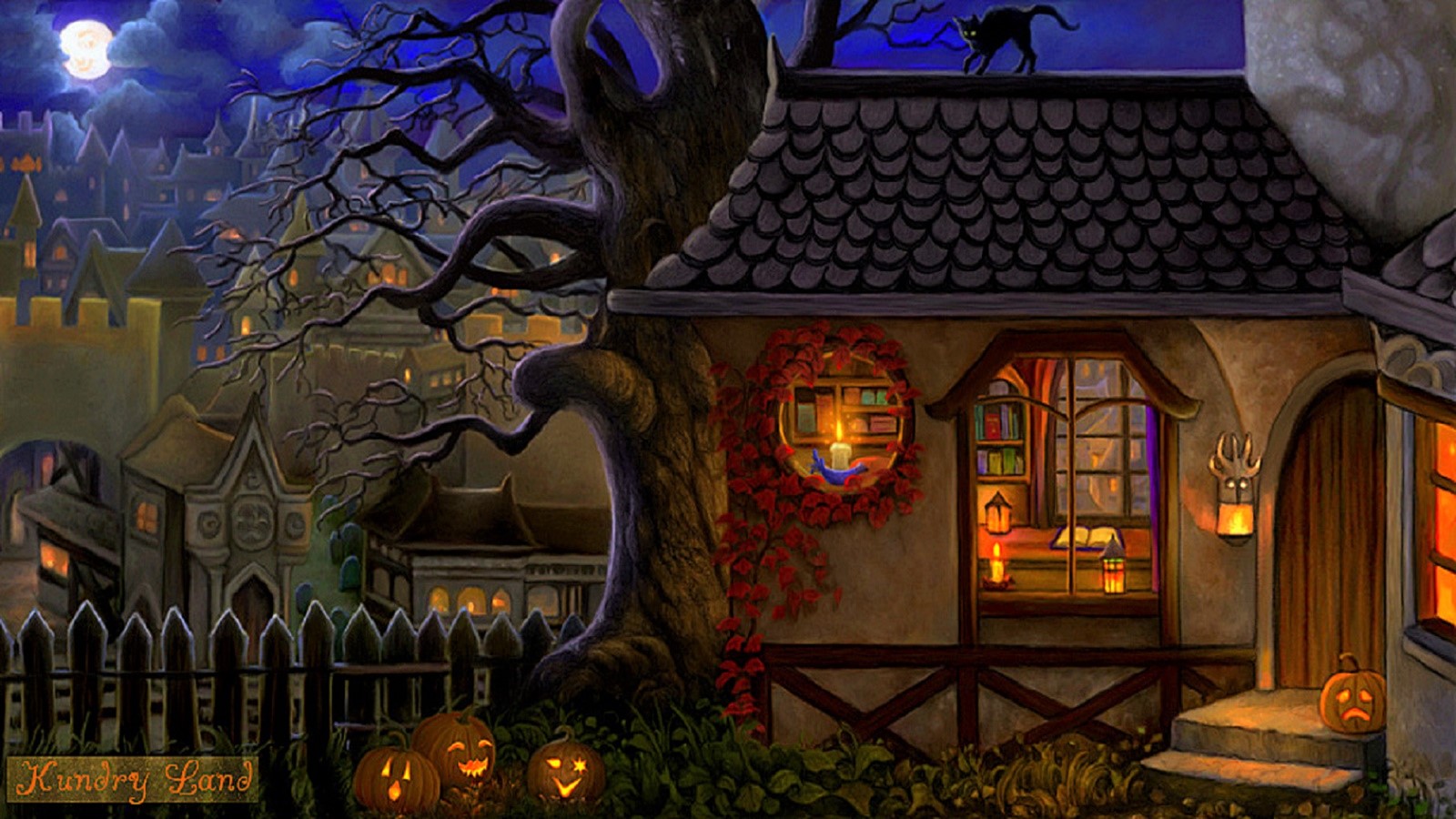 Download mobile wallpaper Halloween, Night, Cat, Tree, Holiday, House, Jack O' Lantern for free.