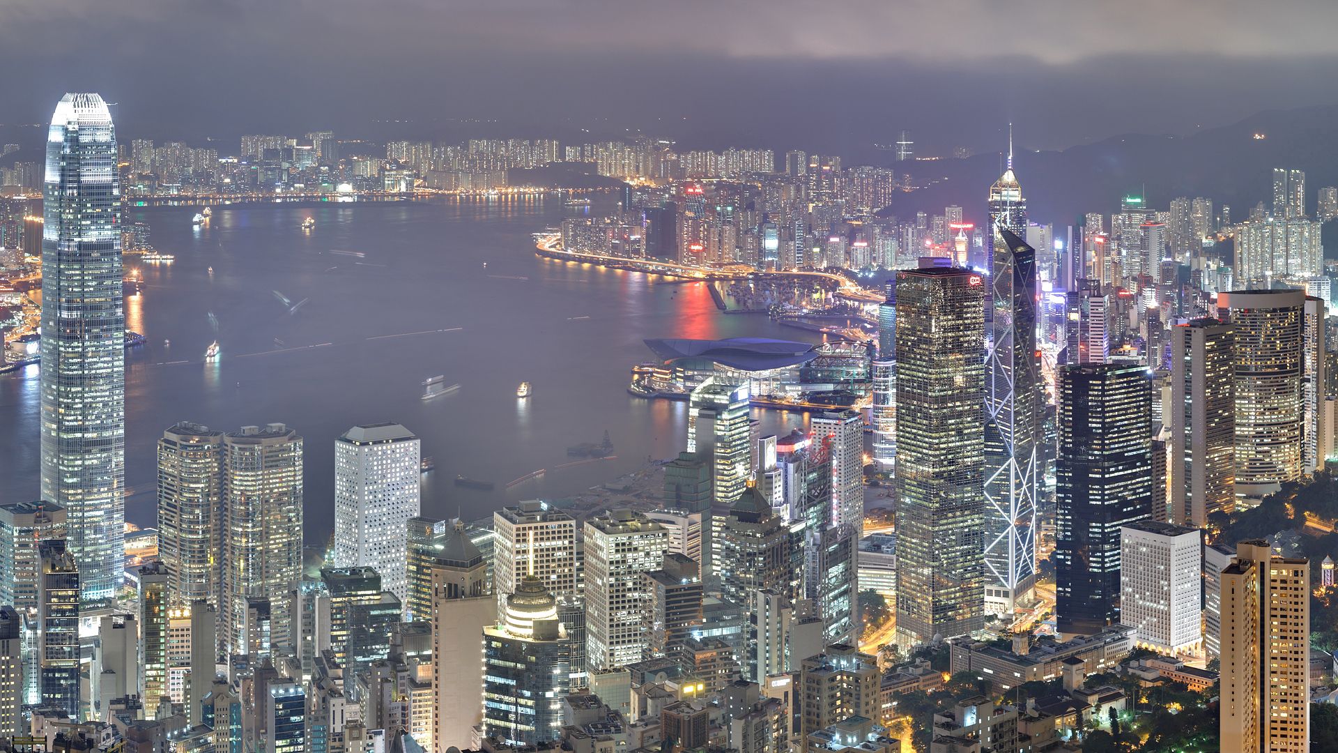 cities, night, building, shine, light, skyscrapers, hong kong, hong kong s a r 1080p