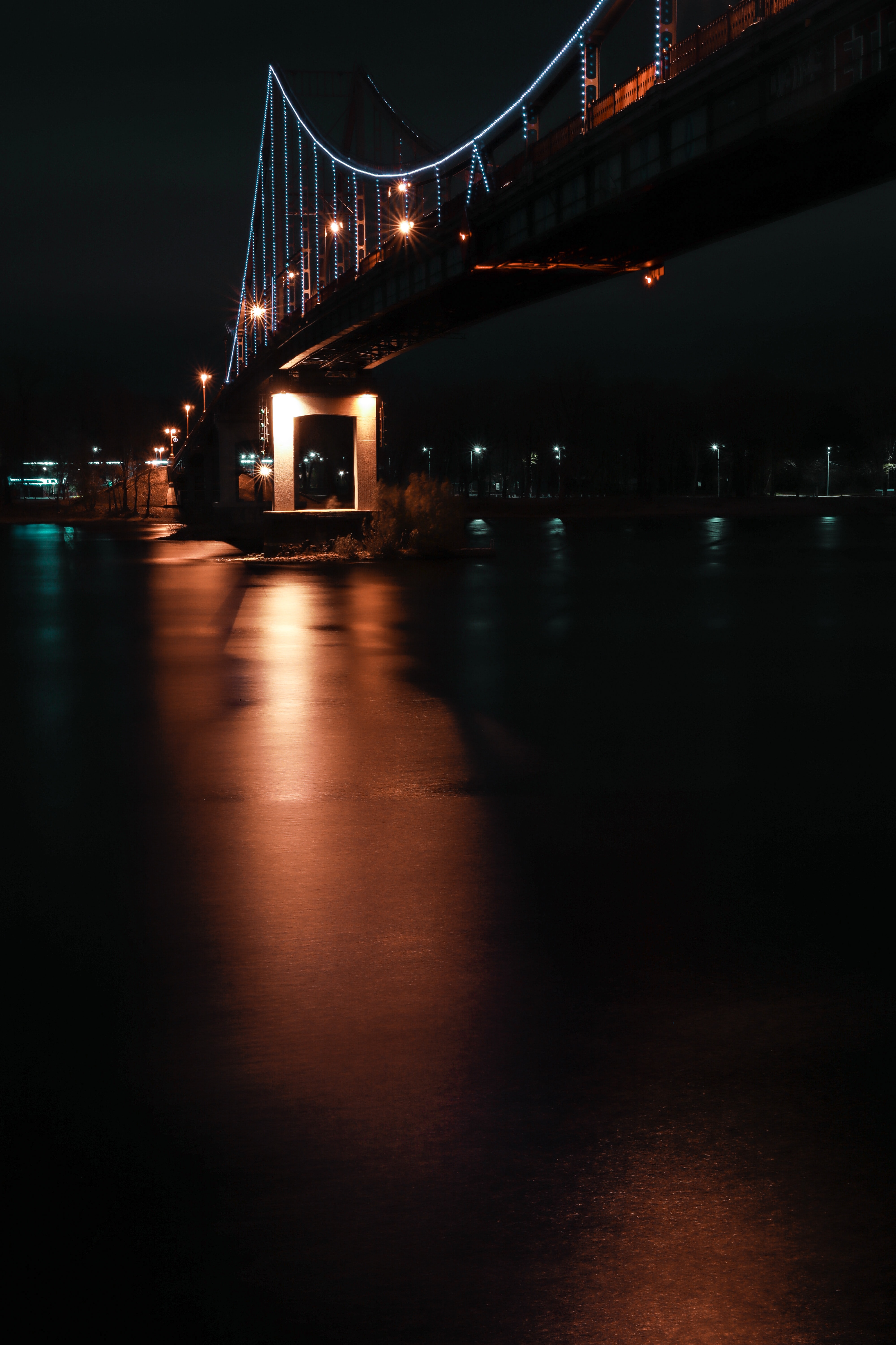 Download mobile wallpaper Reflection, Bridge, Lights, Night, Dark for free.