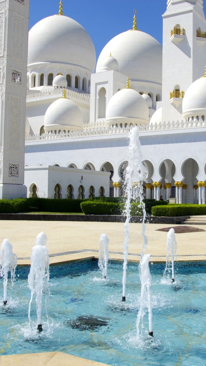 Download mobile wallpaper Fountain, United Arab Emirates, Abu Dhabi, Religious, Sheikh Zayed Grand Mosque, Mosques for free.