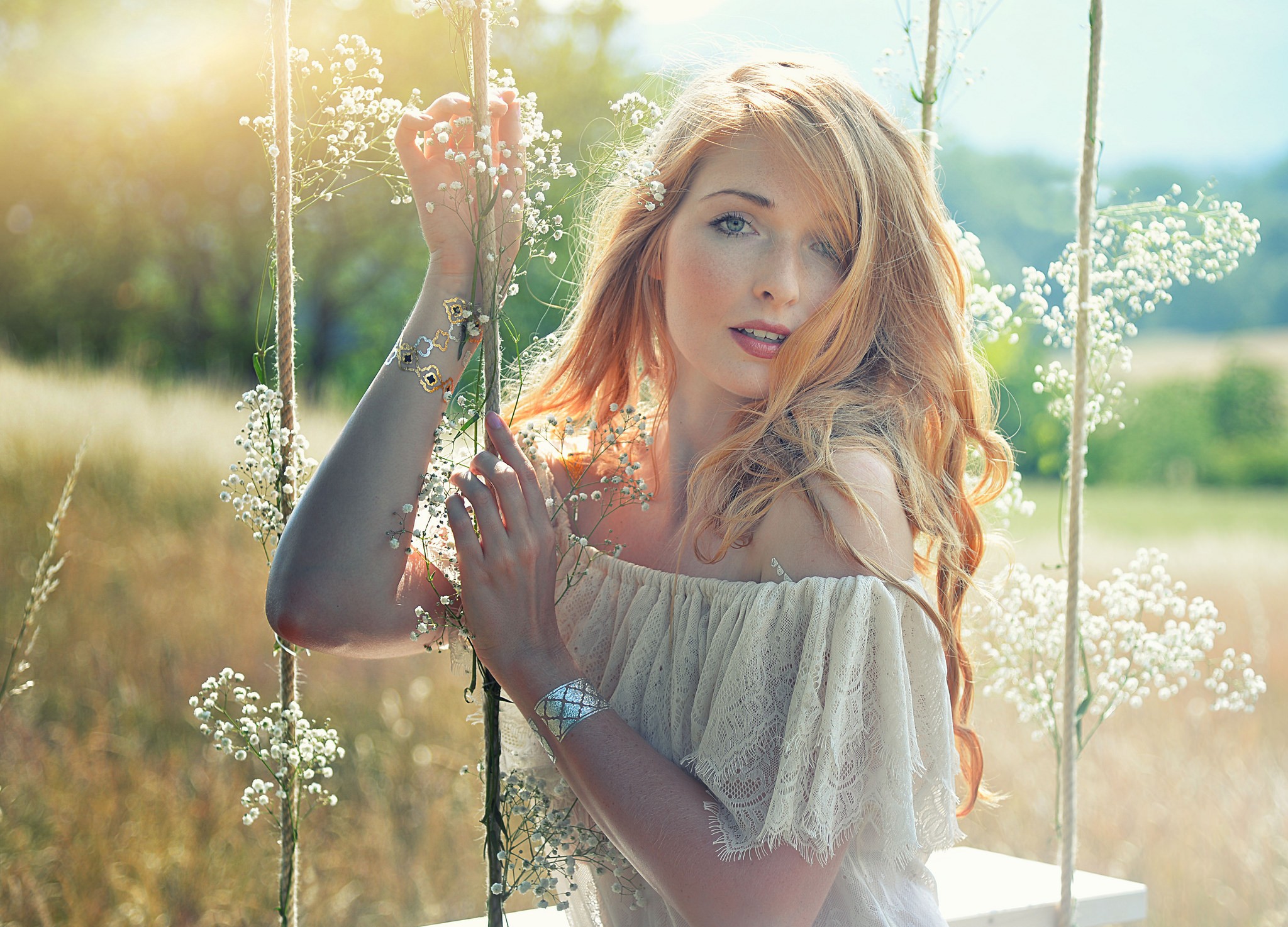 Free download wallpaper Redhead, Model, Women, Blue Eyes, White Dress on your PC desktop