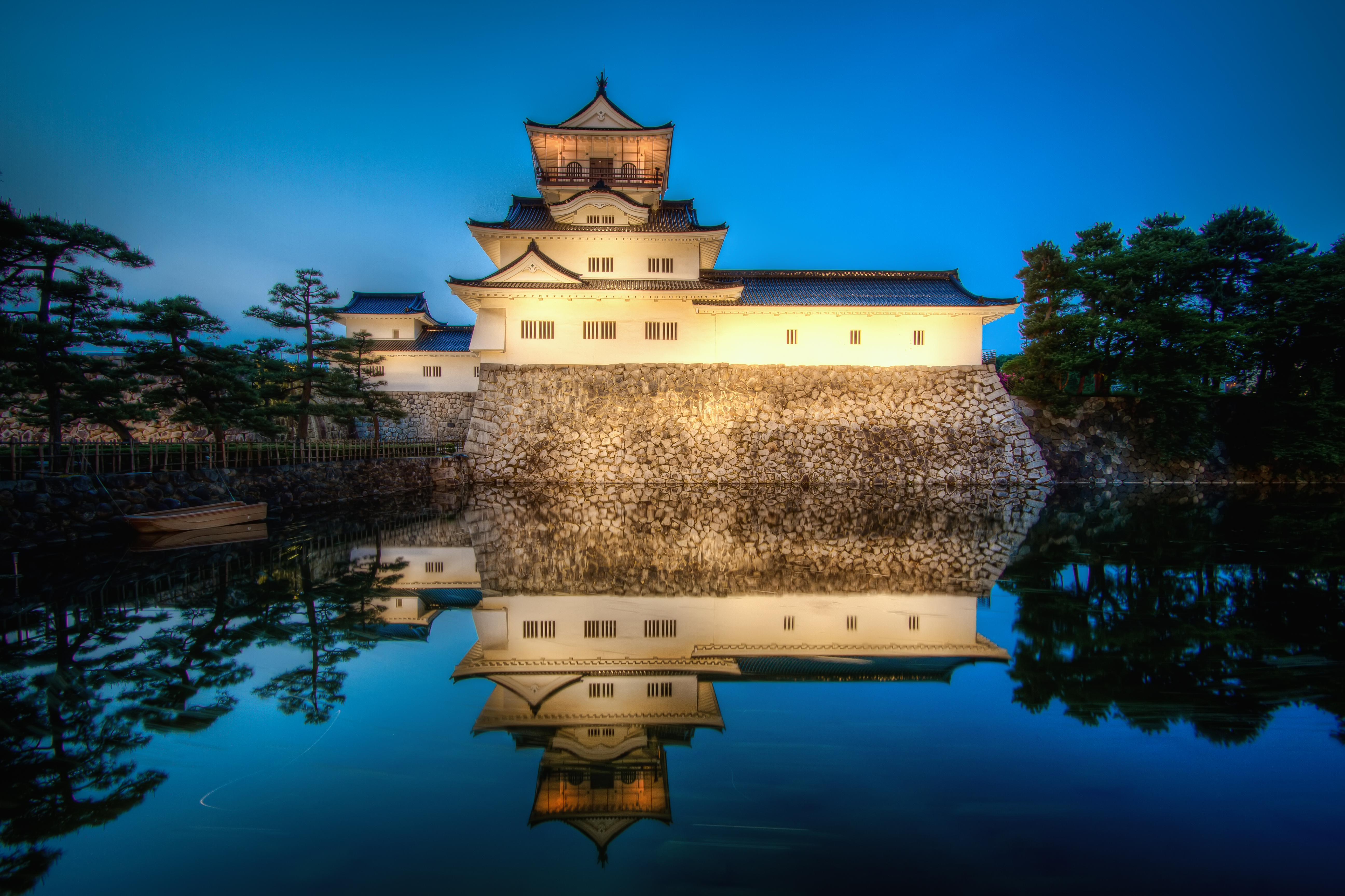 Download mobile wallpaper Twilight, Castles, Reflection, Japan, Pond, Man Made, Castle, Toyama Castle for free.