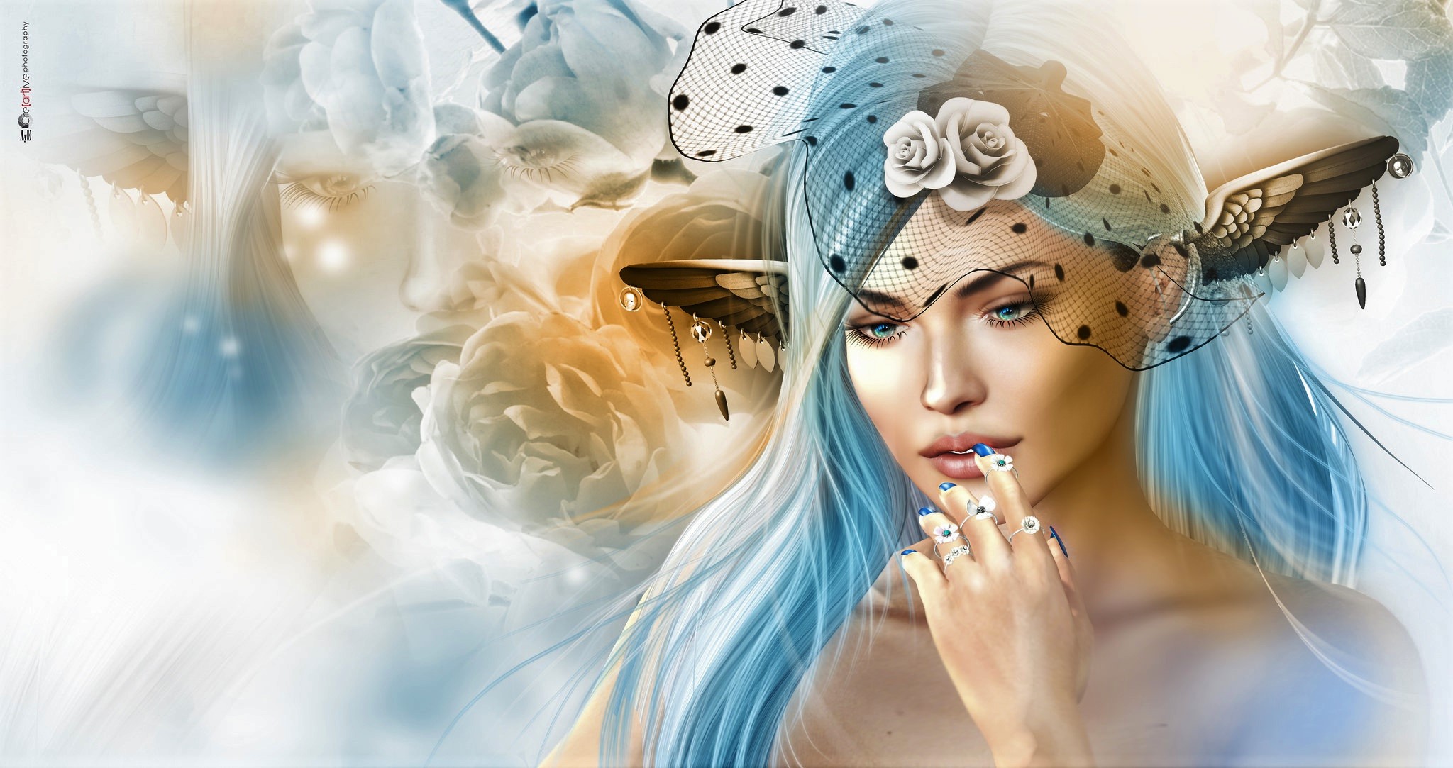 Download mobile wallpaper Fantasy, Flower, Elf, Fairy, Blue Eyes, Blue Hair for free.