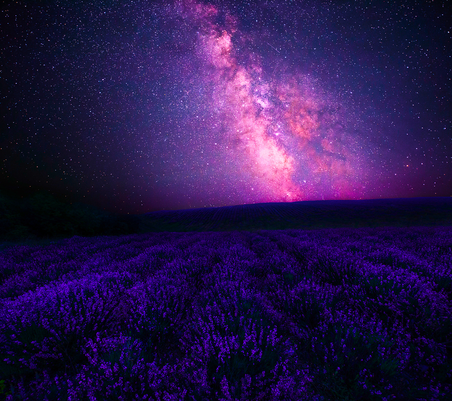 742592 скачать картинку пурпурный, фэнтези, поле, лиловый, звездное небо, небо, млечный путь, звезды - обои и заставки бесплатно