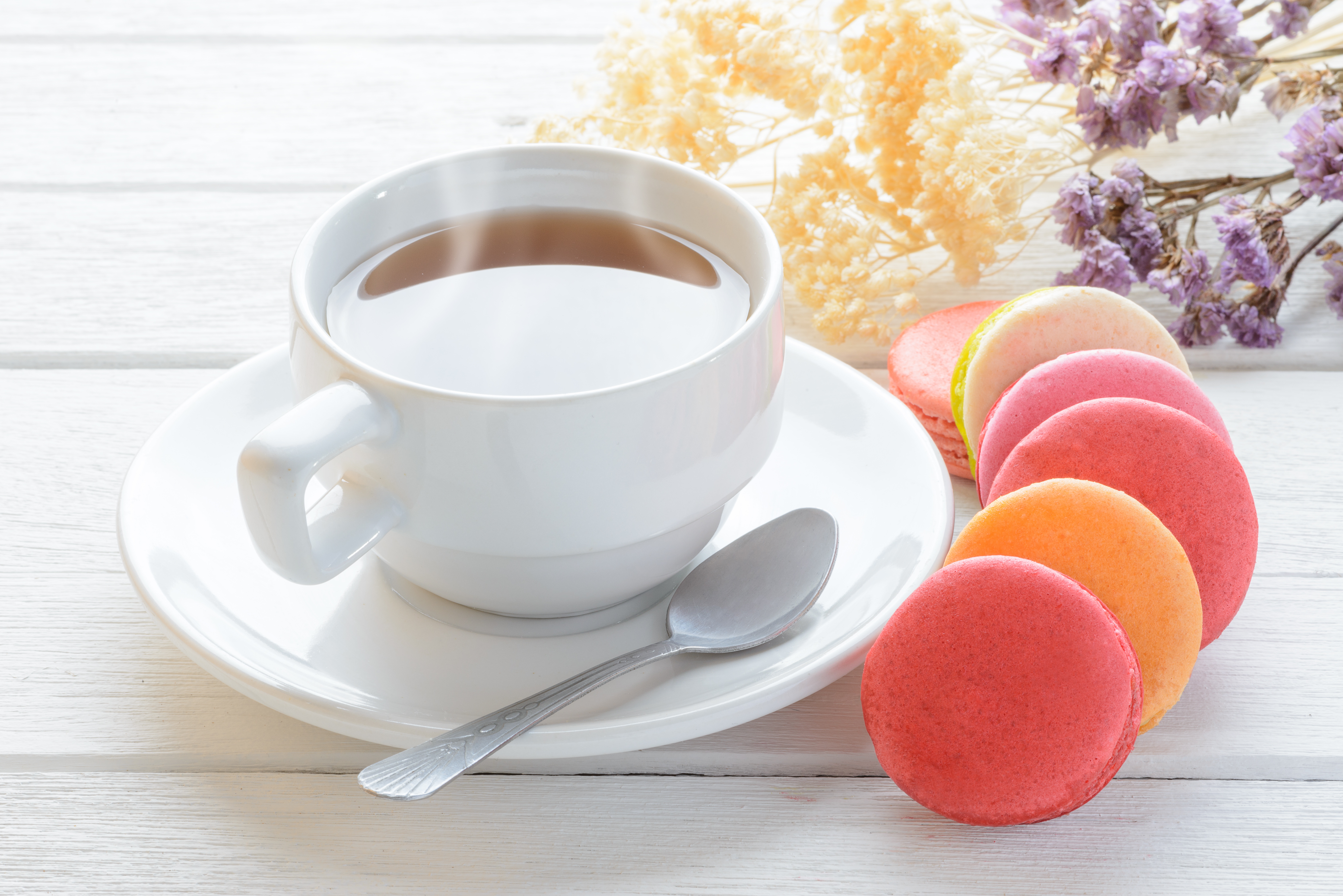 Download mobile wallpaper Food, Still Life, Cup, Tea, Macaron for free.