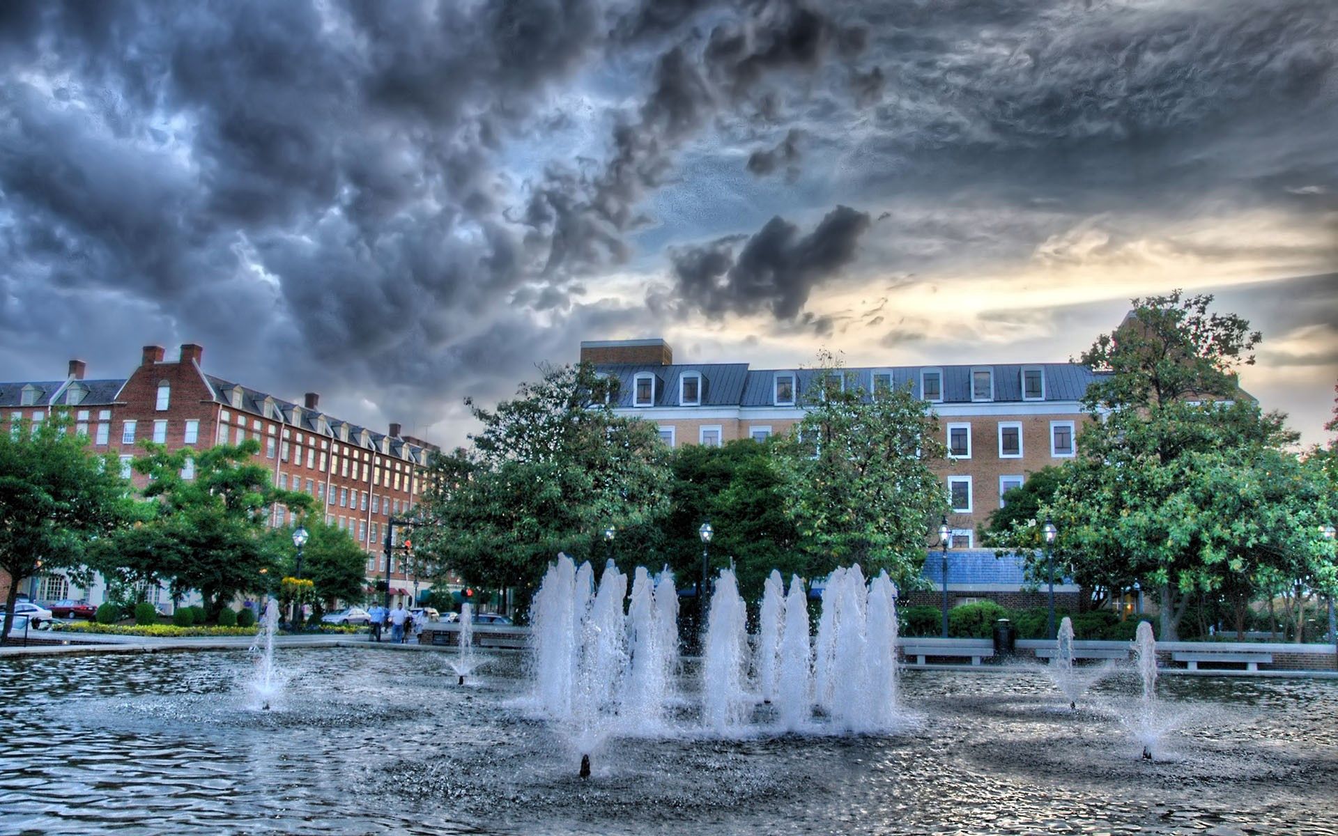 fountain, hdr, cities, water, trees, building HD wallpaper