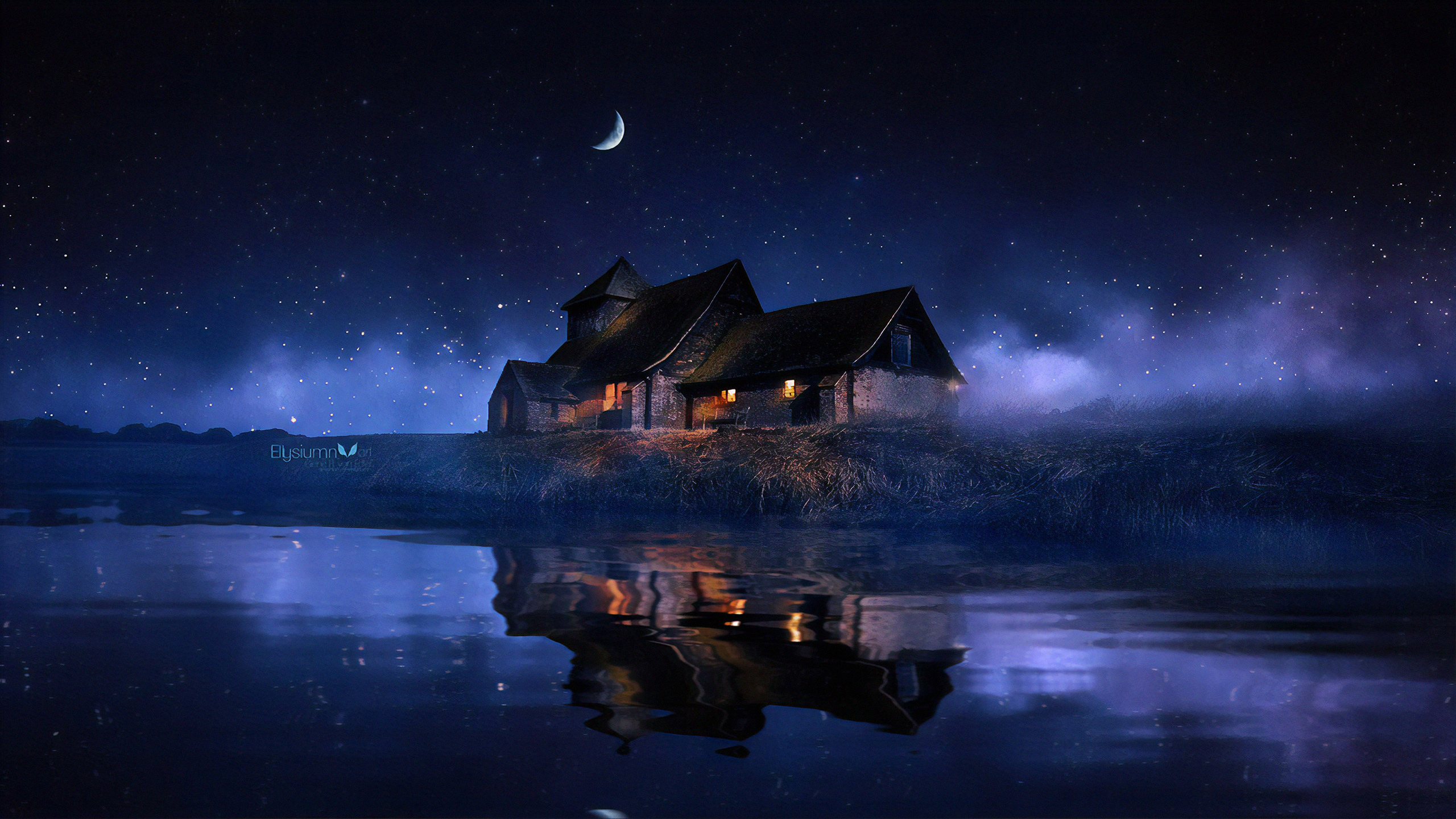 Free download wallpaper Night, Moon, Lake, Reflection, House, Man Made on your PC desktop