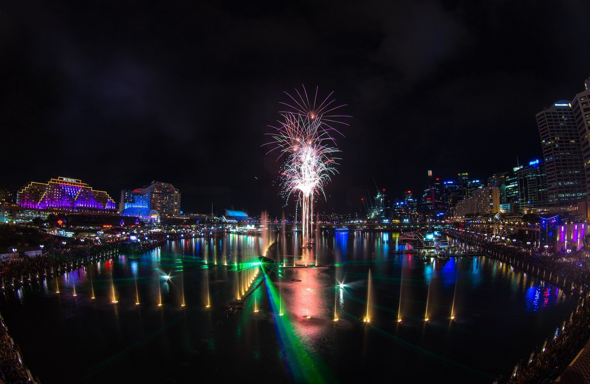 Download mobile wallpaper Sydney, Fountain, Fireworks, Australia, Man Made, Darling Harbour for free.