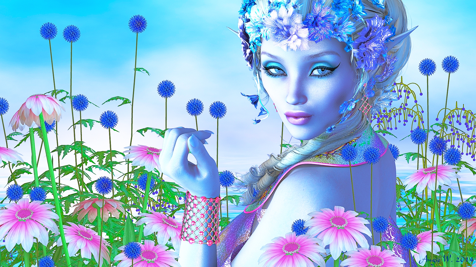 Free download wallpaper Fantasy, Flower, Elf, Blue Eyes, Pink Flower, White Hair, Blue Flower on your PC desktop