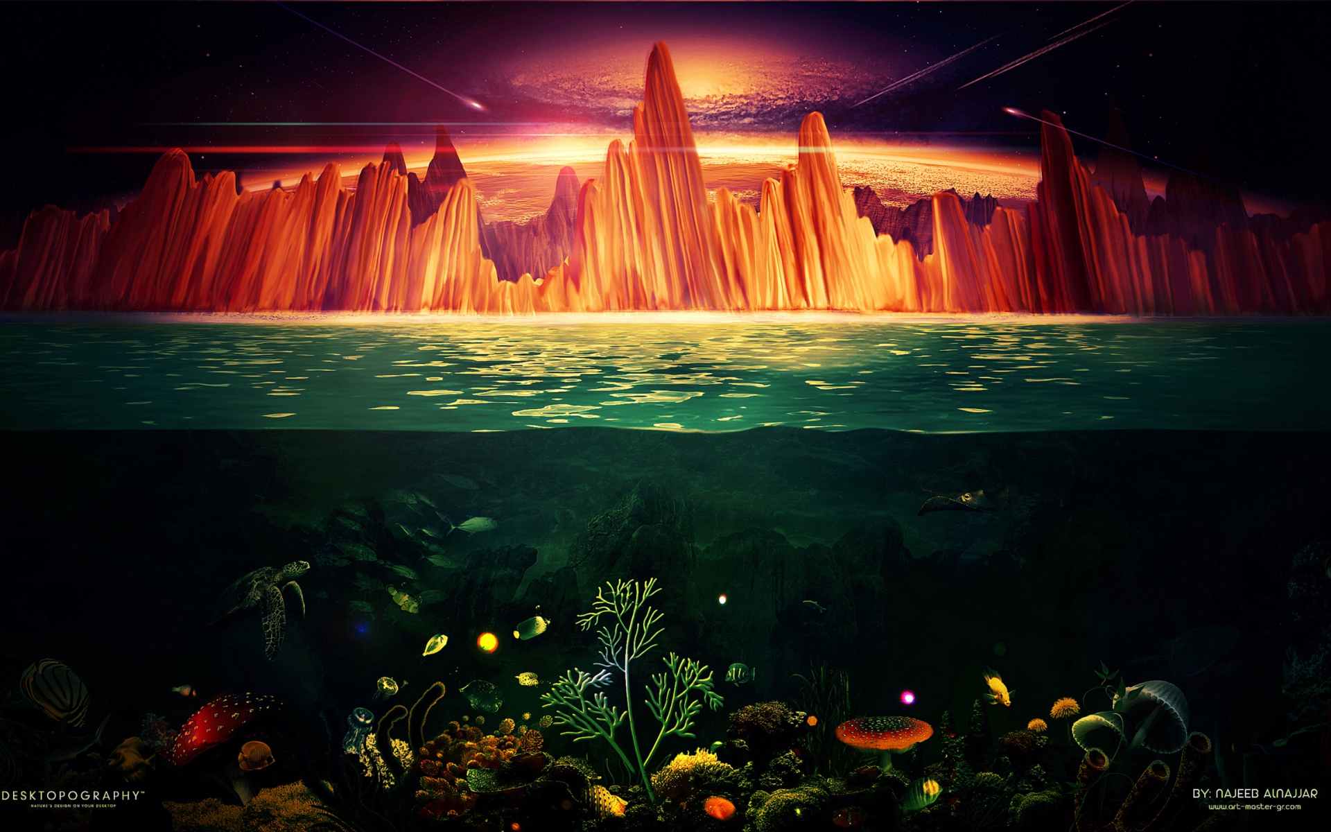 Free download wallpaper Sea, Mountain, Painting, Artistic, Fish, Underwater on your PC desktop