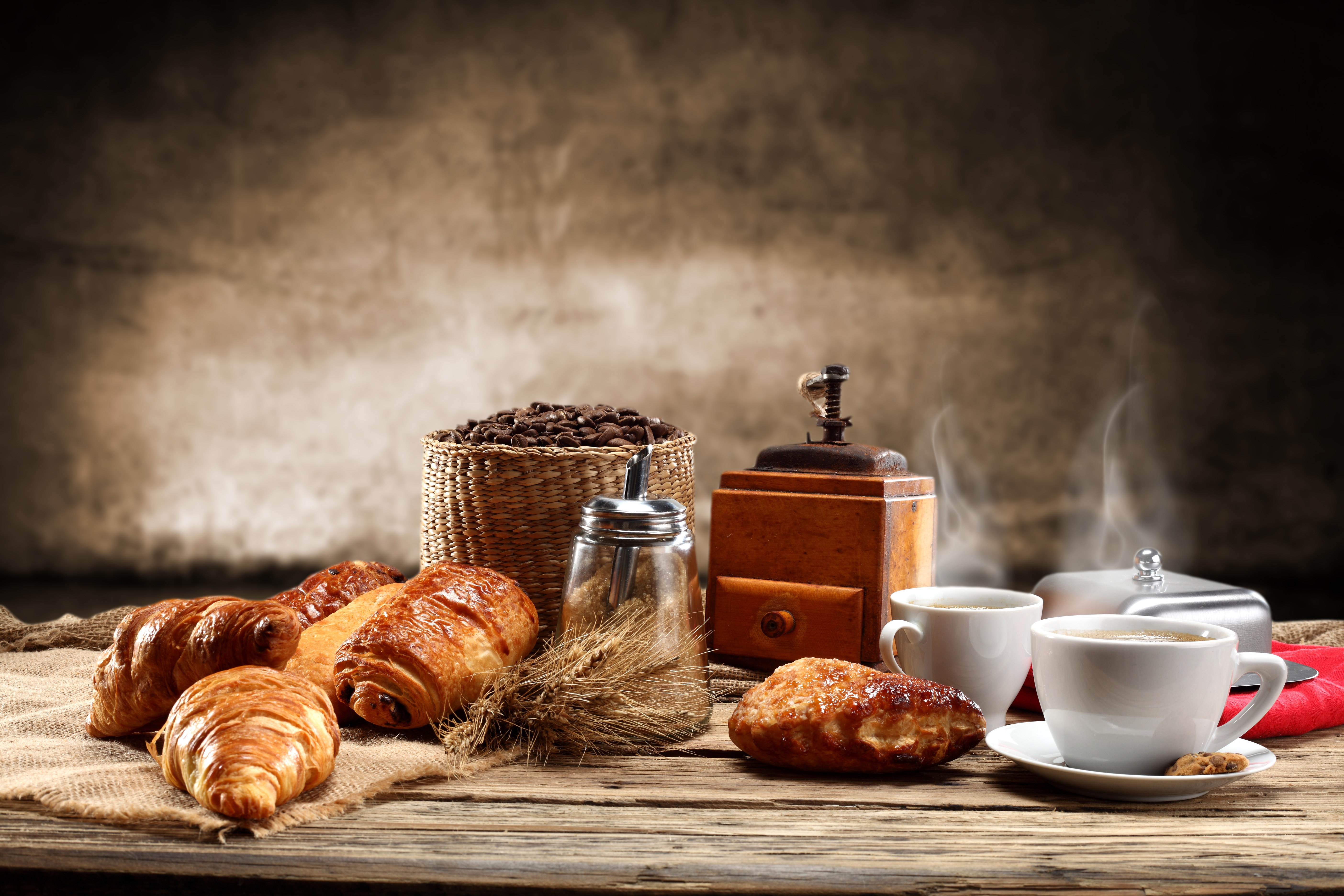 coffee, food, breakfast, croissant, cup, still life