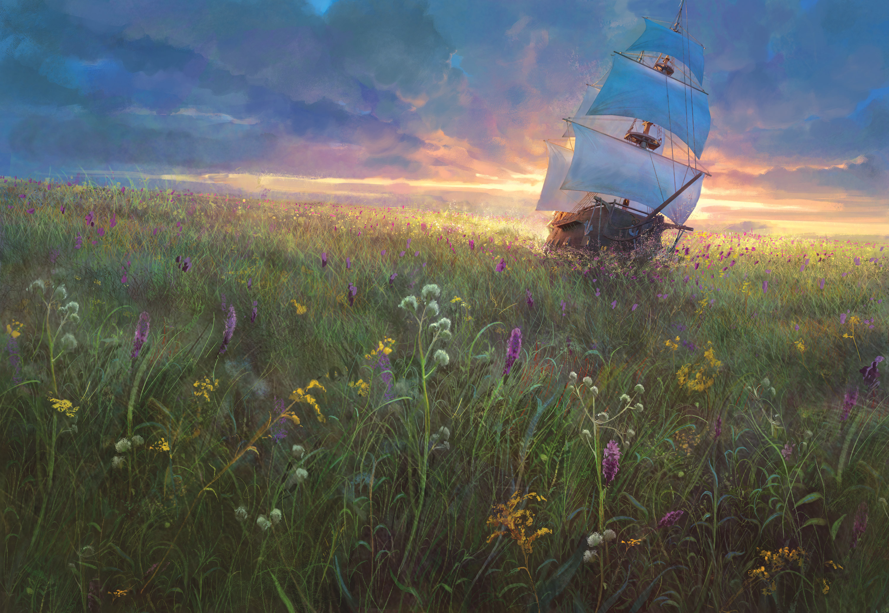 Download mobile wallpaper Fantasy, Sunset, Grass, Ship, Cloud for free.