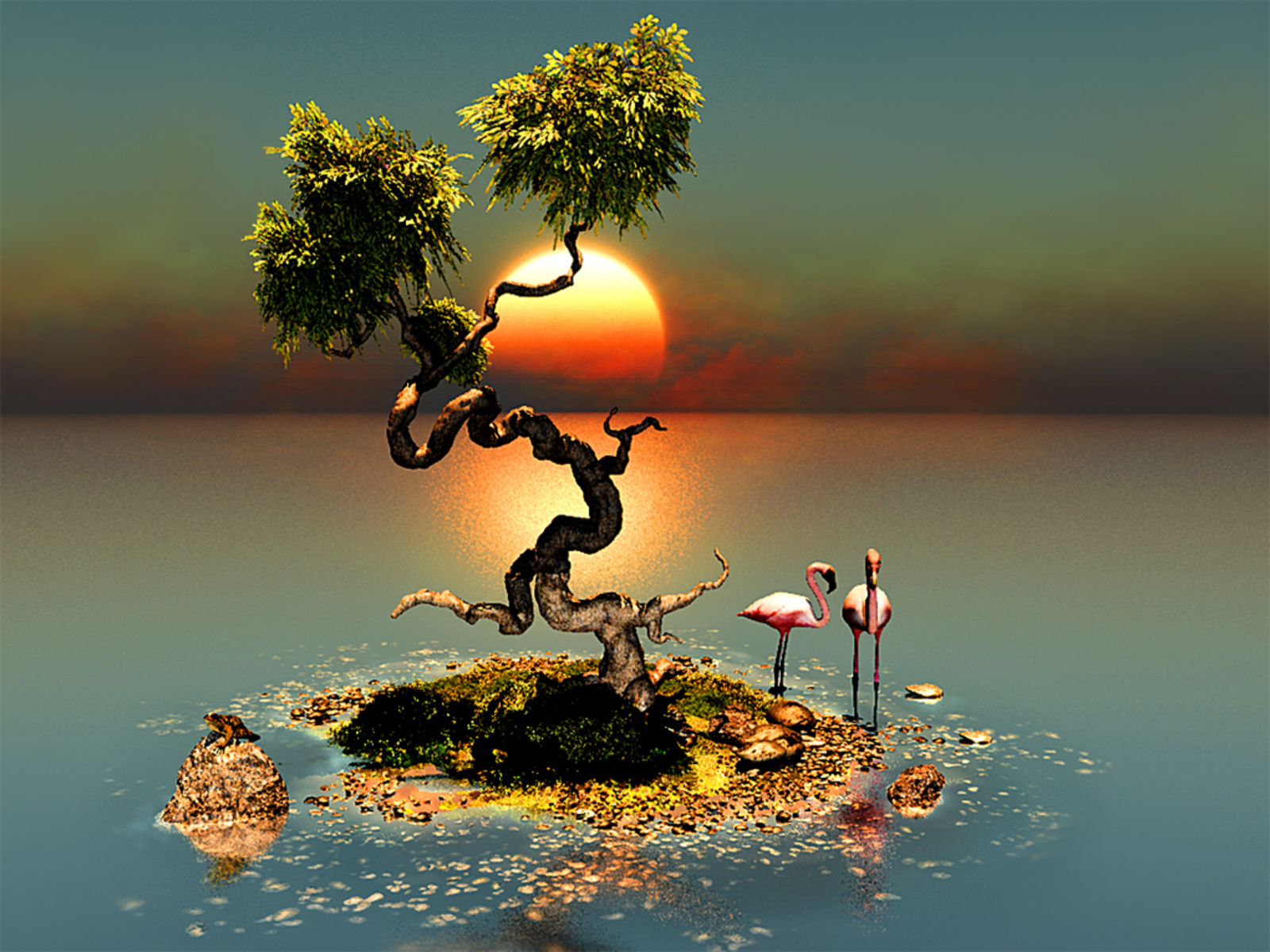 無料モバイル壁紙小島, ファンタジー, 木, 日没, 風景をダウンロードします。