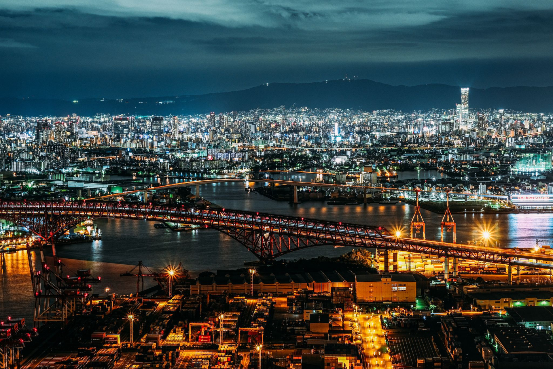 Download mobile wallpaper Cities, Night, Panorama, Osaka, Man Made for free.