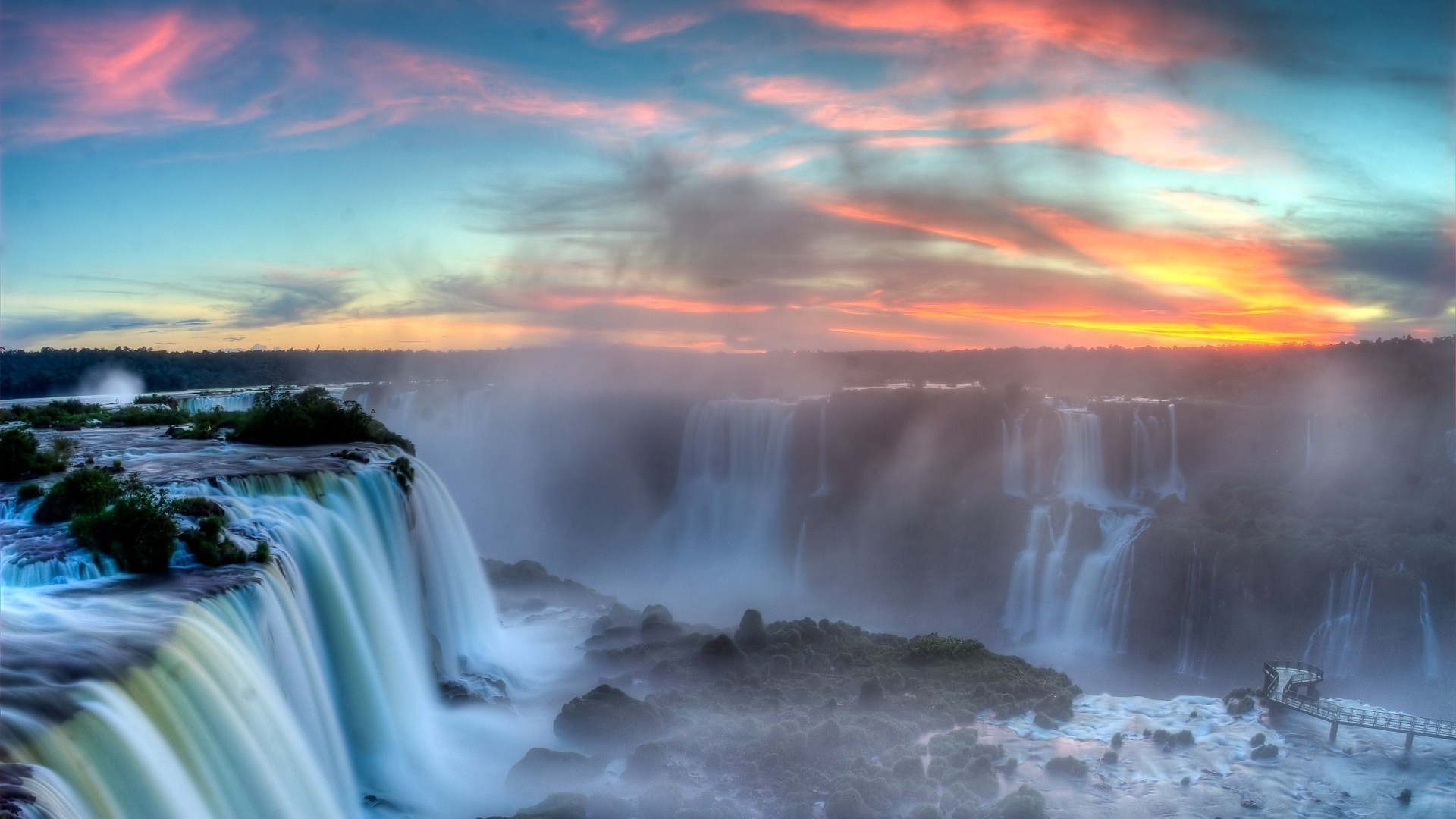 Free download wallpaper Nature, Water, Sky, Dawn, Waterfall, Earth, Iguazu Falls on your PC desktop