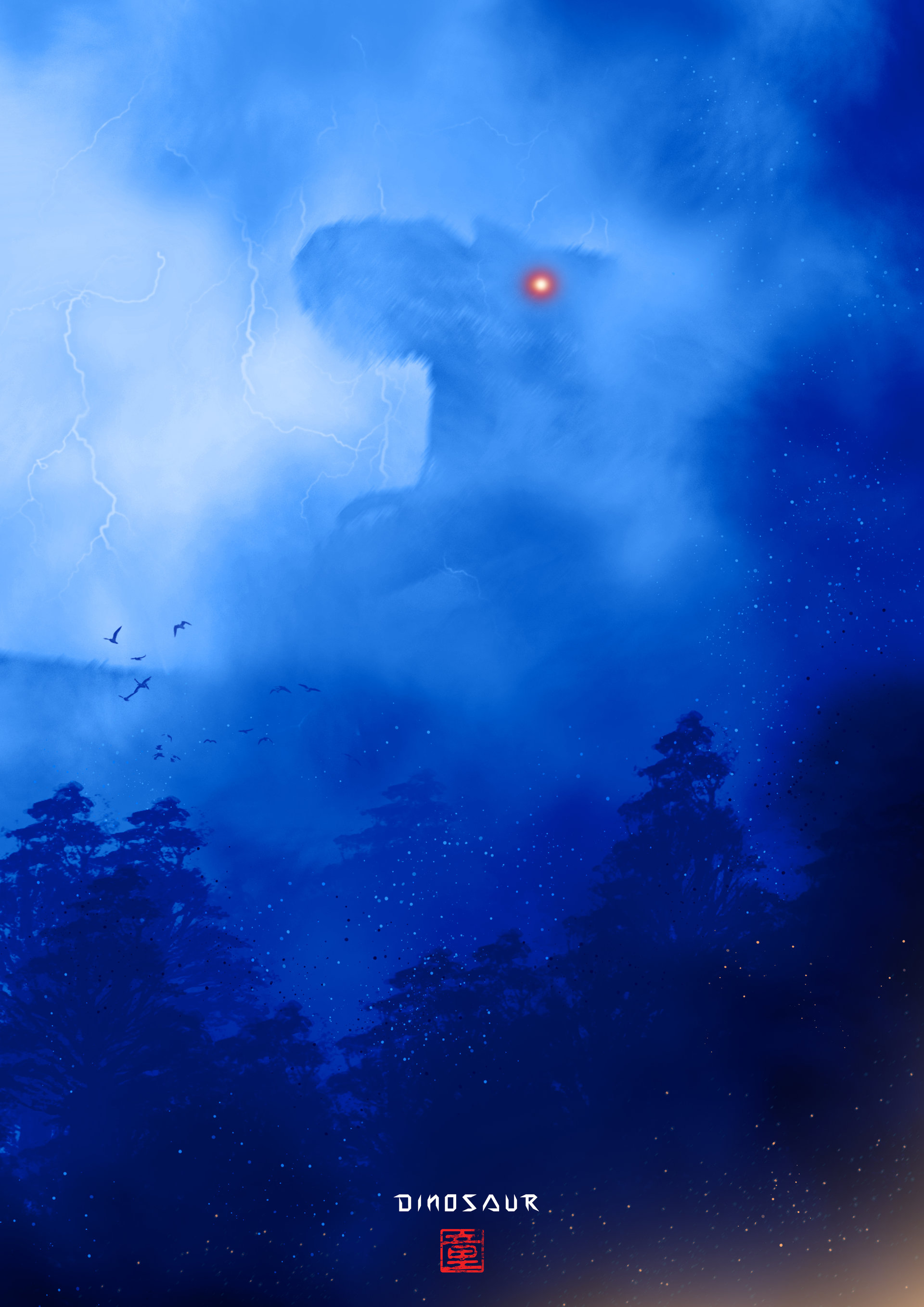 Free download wallpaper Silhouette, Fog, Dinosaur, Art, Lightning, Monster on your PC desktop
