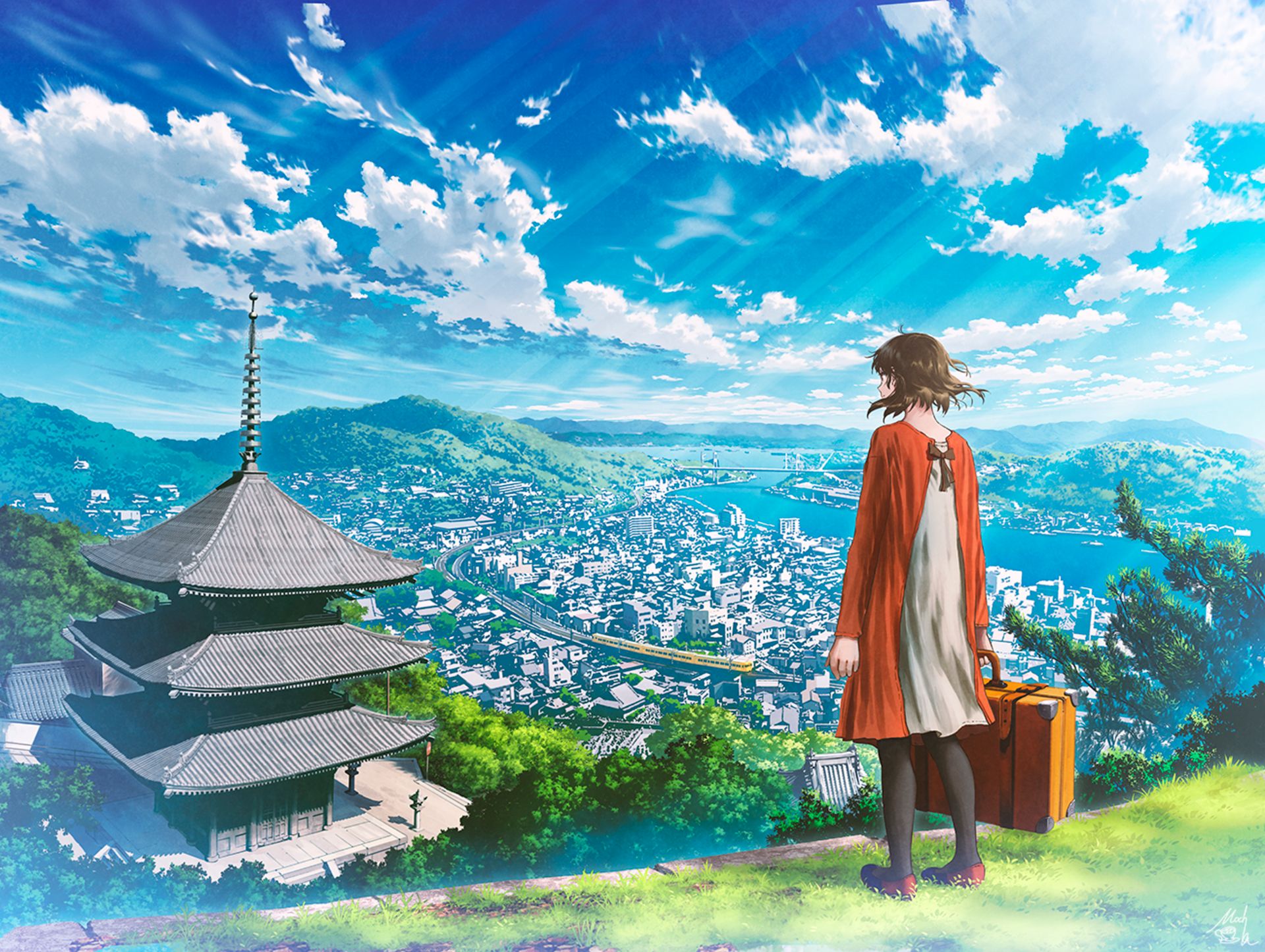 Baixe gratuitamente a imagem Anime, Céu, Cidade, Vegetação, Construção, Nuvem, Original, Brilho Do Sol na área de trabalho do seu PC